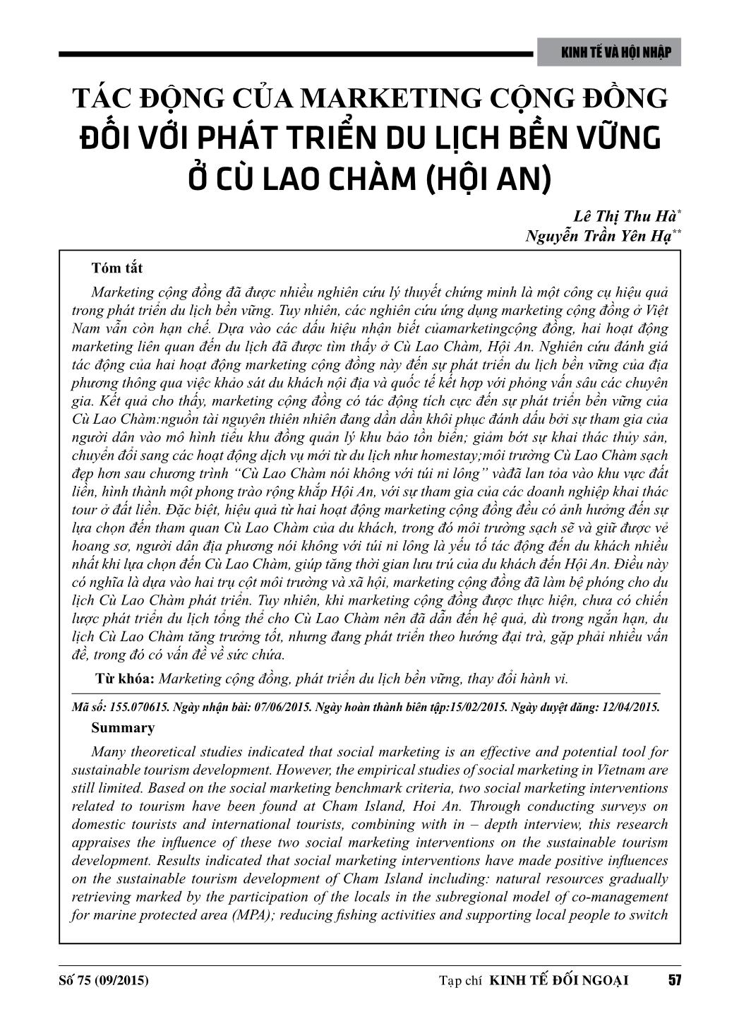 Tác động của marketing cộng đồng đối với phát triển du lịch bền vững ở Cù Lao Chàm (Hội An) trang 1