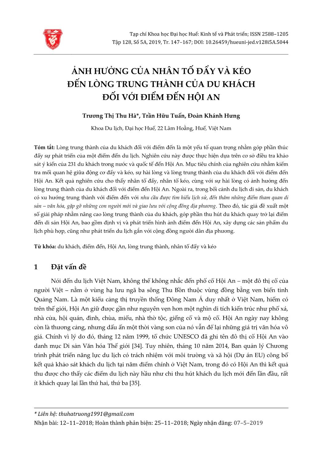 Ảnh hưởng của nhân tố đẩy và kéo đến lòng trung thành của du khách đối với điểm đến Hội An trang 1