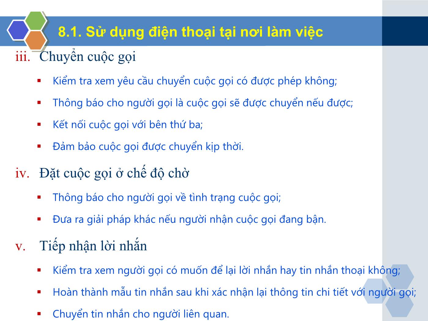 Bài giảng Nghiệp vụ lễ tân - Chương 8: Nhóm kỹ năng cơ bản trong nghiệp vụ lễ tân - Trần Đình Thắng trang 7