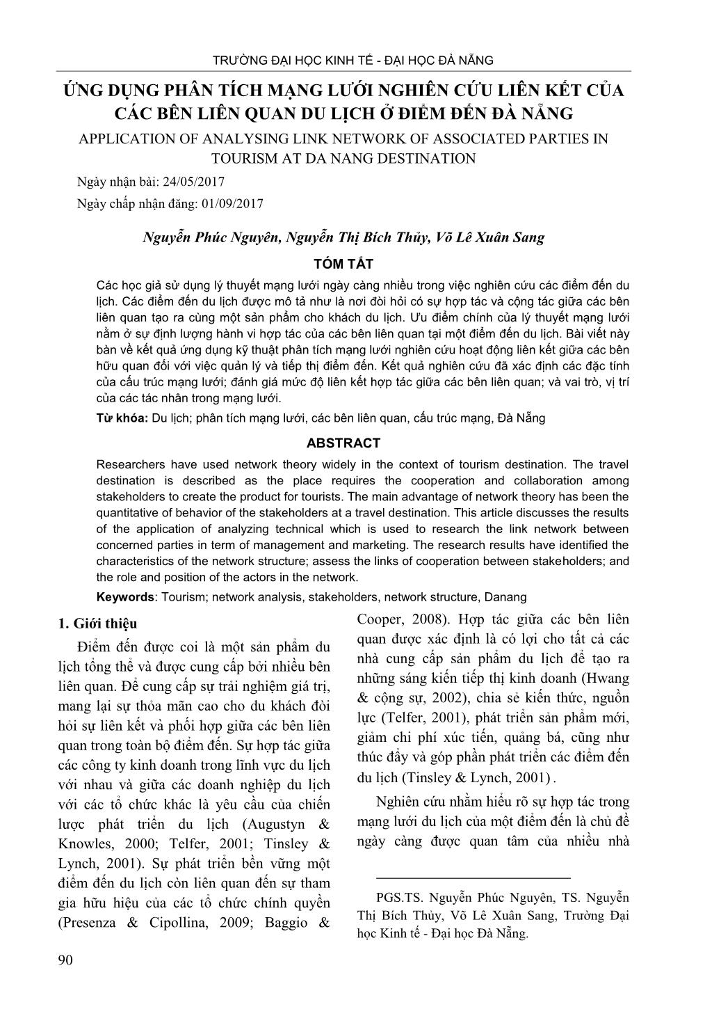 Ứng duṇg phân tích maṇg lưới nghiên cứu liên kết của các bên liên quan du lic̣h ở điểm đến Đà Nẵng trang 1