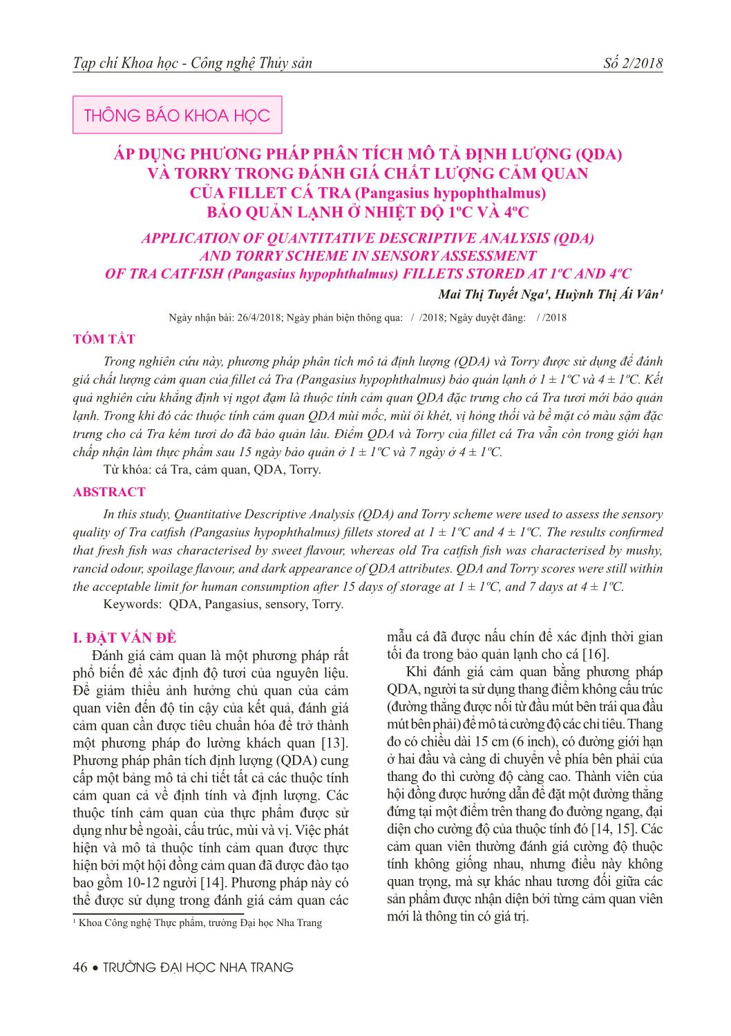 Áp dụng phương pháp phân tích mô tả định lượng (QDA) và torry trong đánh giá chất lượng cảm quan của fillet cá tra (Pangasius Hypophthalmus) bảo quản lạnh ở nhiệt độ 1ºc và 4ºc trang 1