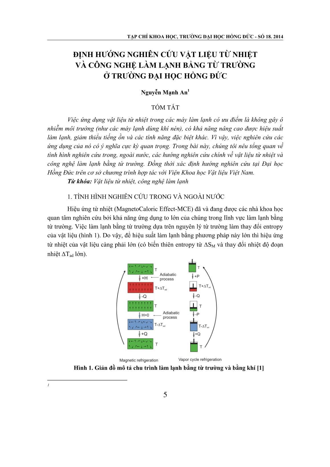 Định hướng nghiên cứu vật liệu từ nhiệt và công nghệ làm lạnh bằng từ trường ở Trường Đại học Hồng Đức trang 1