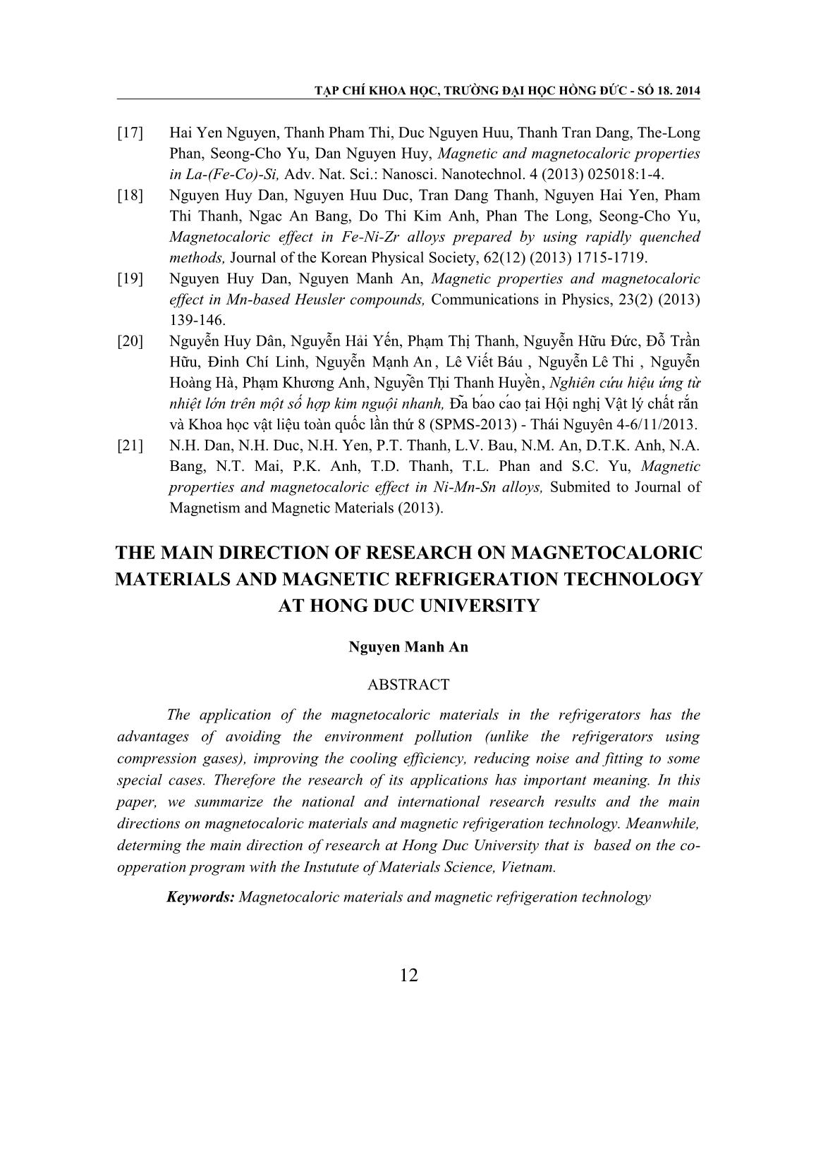 Định hướng nghiên cứu vật liệu từ nhiệt và công nghệ làm lạnh bằng từ trường ở Trường Đại học Hồng Đức trang 8