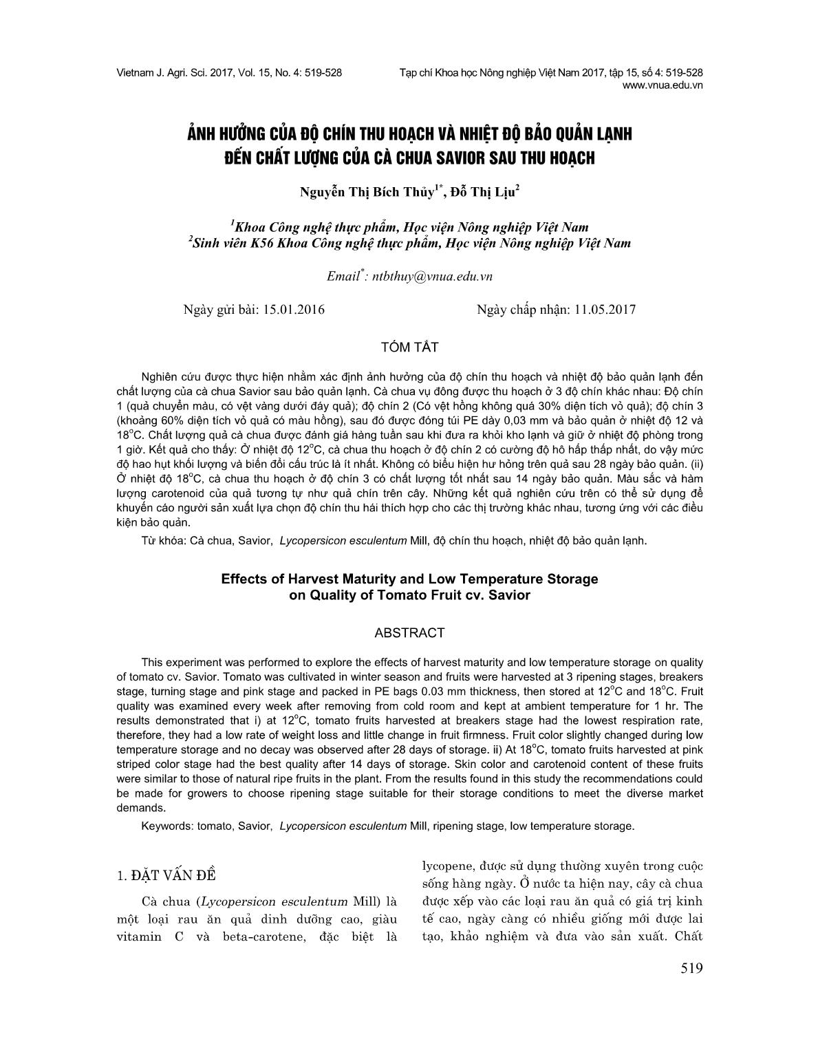 Ảnh hưởng của độ chín thu hoạch và nhiệt độ bảo quản lạnh đến chất lượng của cà chua Savior sau thu hoạch trang 1