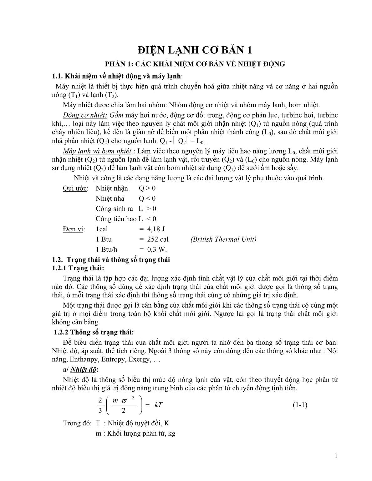 Giáo trình Điện lạnh cơ bản 1 - Phần 1: Các khái niệm cơ bản về nhiệt động trang 1