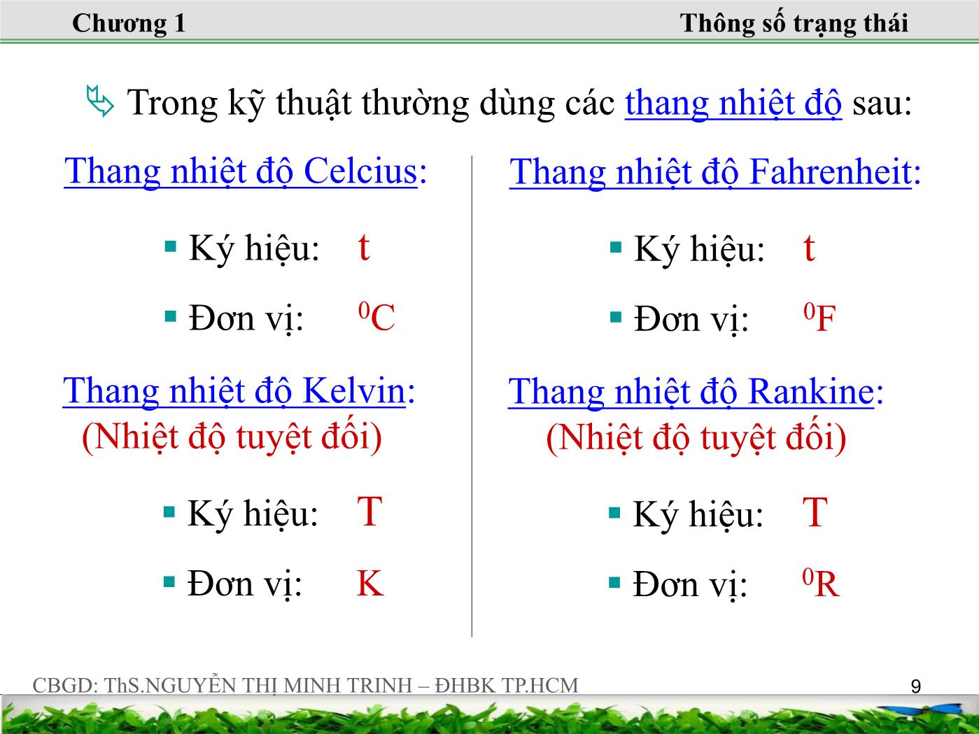 Bài giảng Nhiệt động lực học kỹ thuật - Chương 1: Một số khái niệm cơ bản và phương trình trạng thái của khí lý tưởng - Nguyễn Thị Minh Trinh trang 9