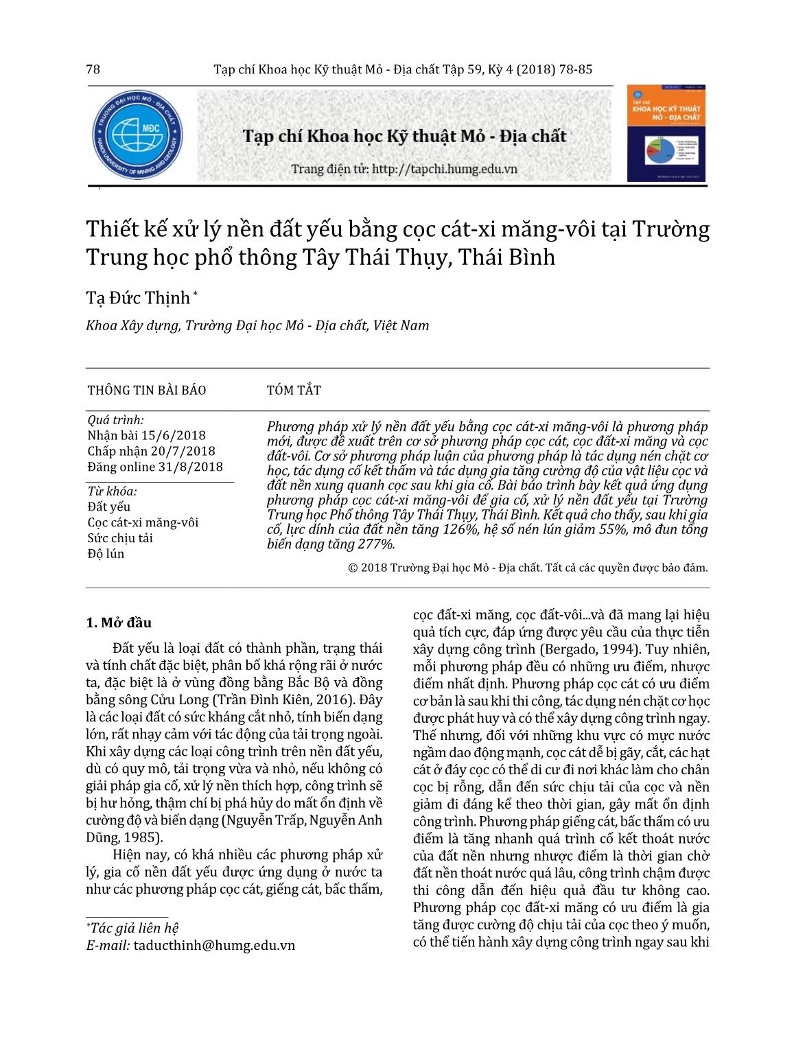 Thiết kế xử lý nền đất yếu bằng cọc cát-xi măng-vôi tại Trường Trung học phổ thông Tây Thái Thụy, Thái Bình trang 1