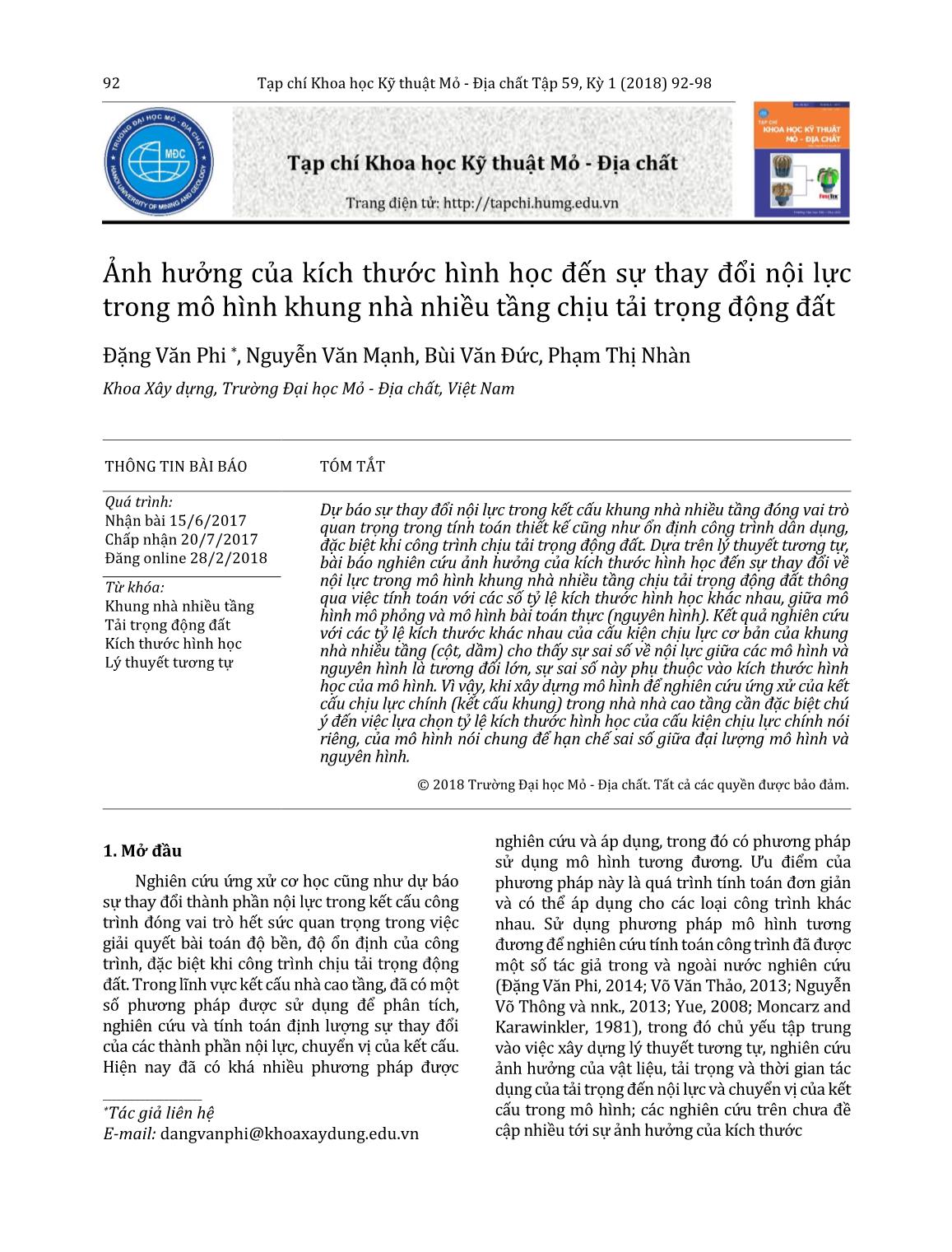 Ảnh hưởng của kích thước hình học đến sự thay đổi nội lực trong mô hình khung nhà nhiều tầng chịu tải trọng động đất trang 1