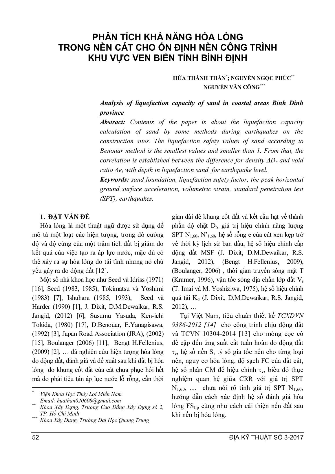 Phân tích khả năng hóa lỏng trong nền cát cho ổn định nền công trình khu vực ven biển tỉnh Bình Định trang 1