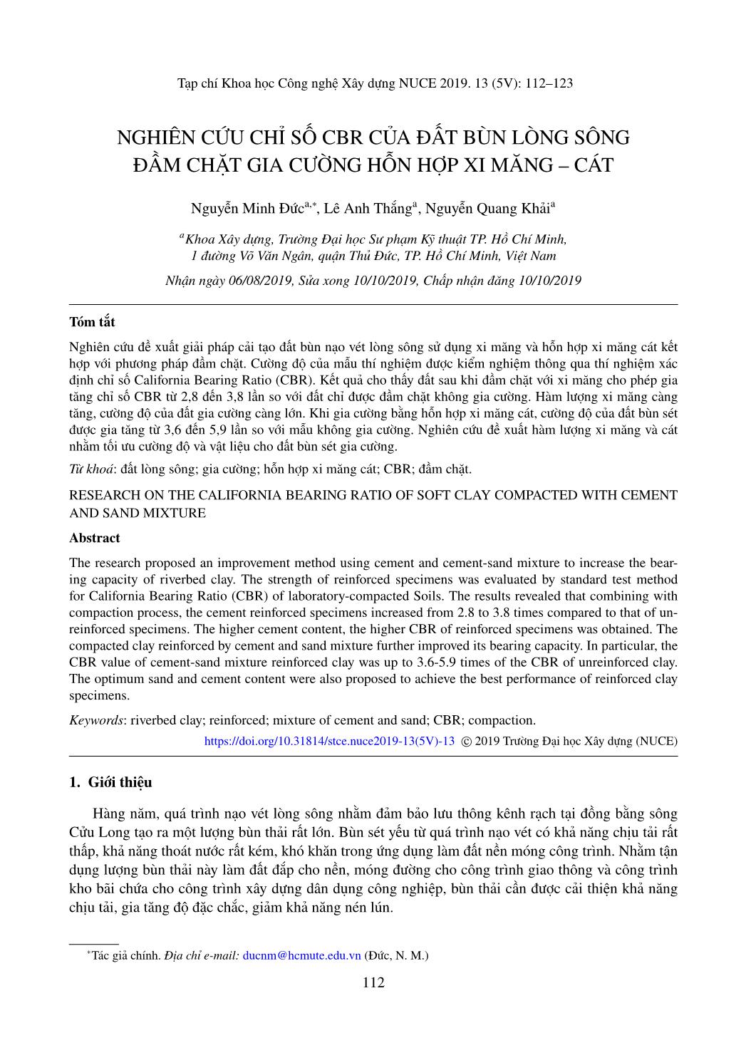 Nghiên cứu chỉ số CBR của đất bùn lòng sông đầm chặt gia cường hỗn hợp xi măng – cát trang 1