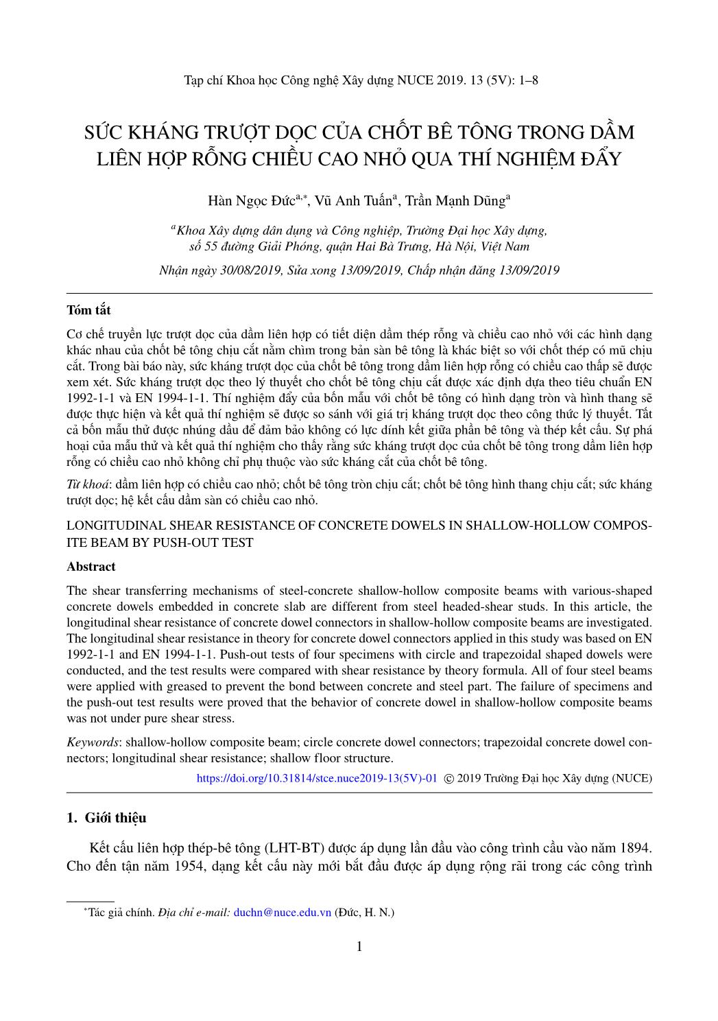 Sức kháng trượt dọc của chốt bê tông trong dầm liên hợp rỗng chiều cao nhỏ qua thí nghiệm đẩy trang 1
