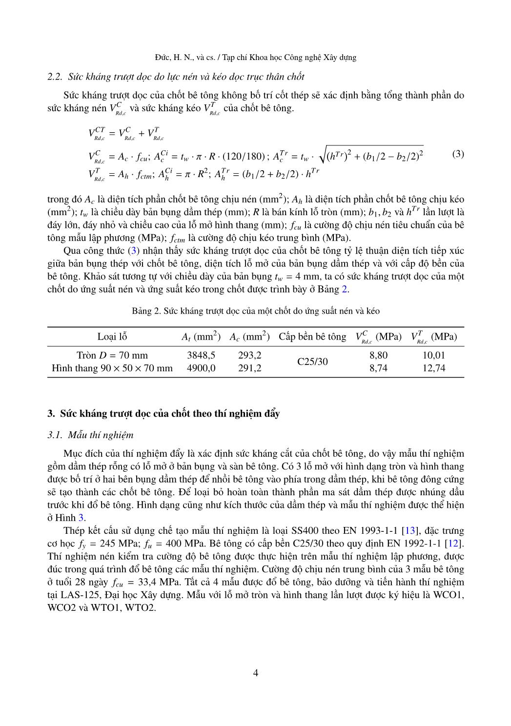 Sức kháng trượt dọc của chốt bê tông trong dầm liên hợp rỗng chiều cao nhỏ qua thí nghiệm đẩy trang 4