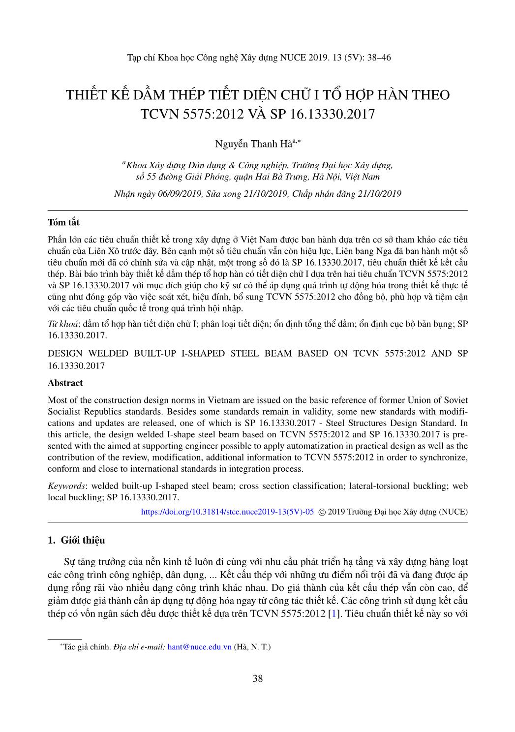 Thiết kế dầm thép tiết diện chữ I tổ hợp hàn theo TCVN 5575:2012 VÀ SP 16.13330.2017 trang 1