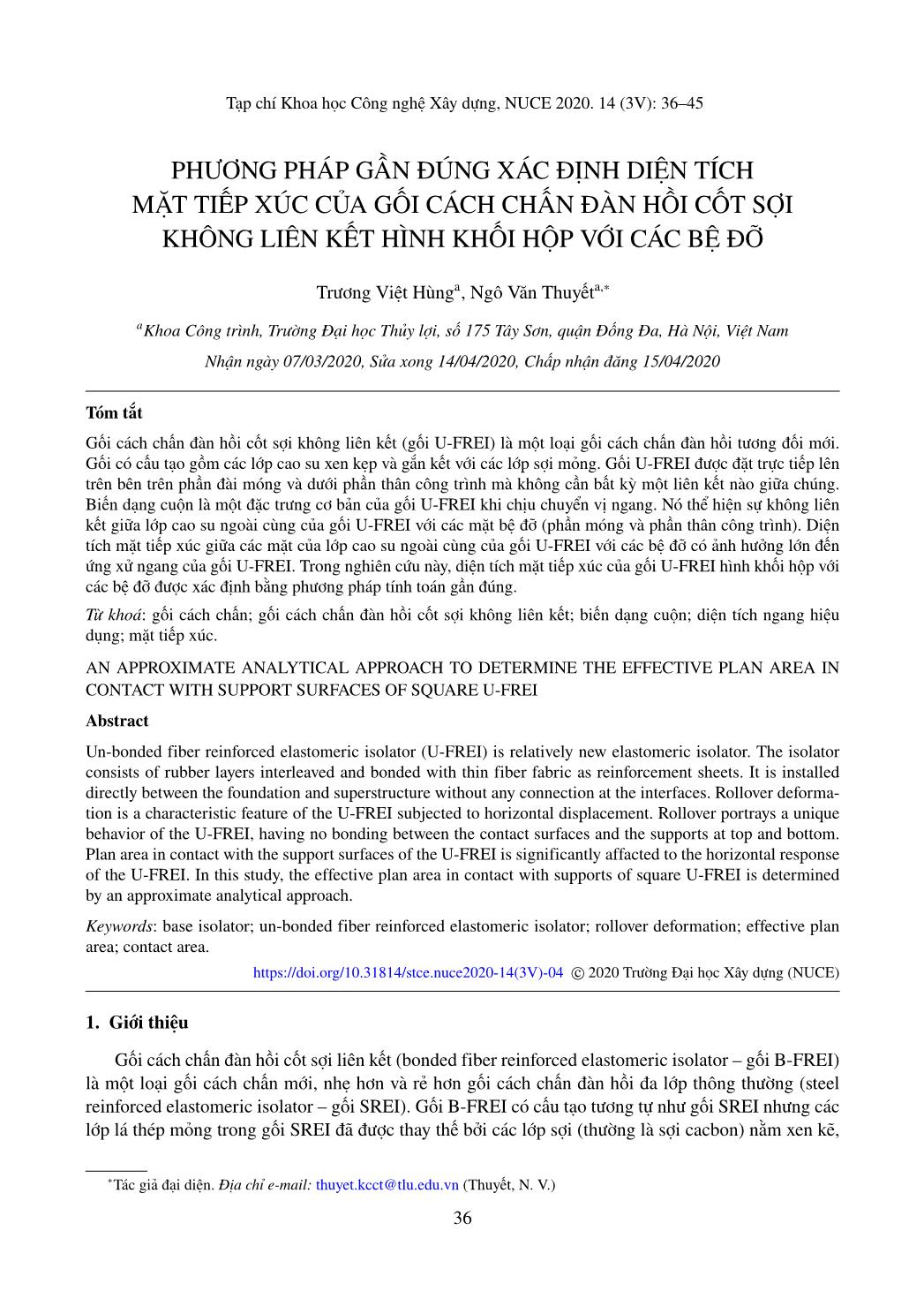 Phương pháp gần đúng xác định diện tích mặt tiếp xúc của gối cách chấn đàn hồi cốt sợi không liên kết hình khối hộp với các bệ đỡ trang 1