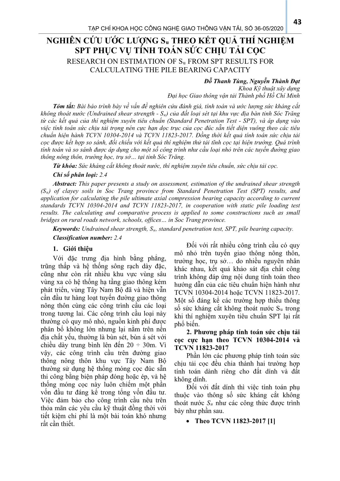 Nghiên cứu ước lượng Su theo kết quả thí nghiệm SPT phục vụ tính toán sức chịu tải cọc trang 1
