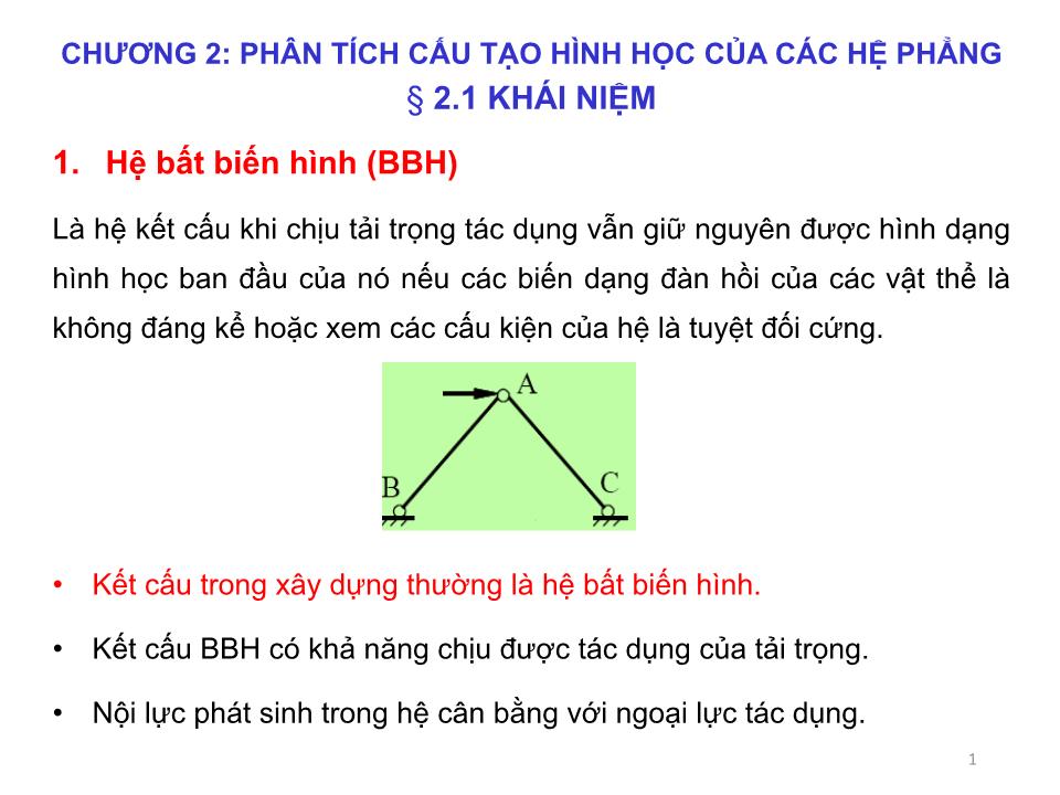 Bài giảng Cơ học kết cấu 1 - Chương 2: Phân tích cấu tạo hình học của hệ phẳng - Nguyễn Thị Ngọc Loan trang 1