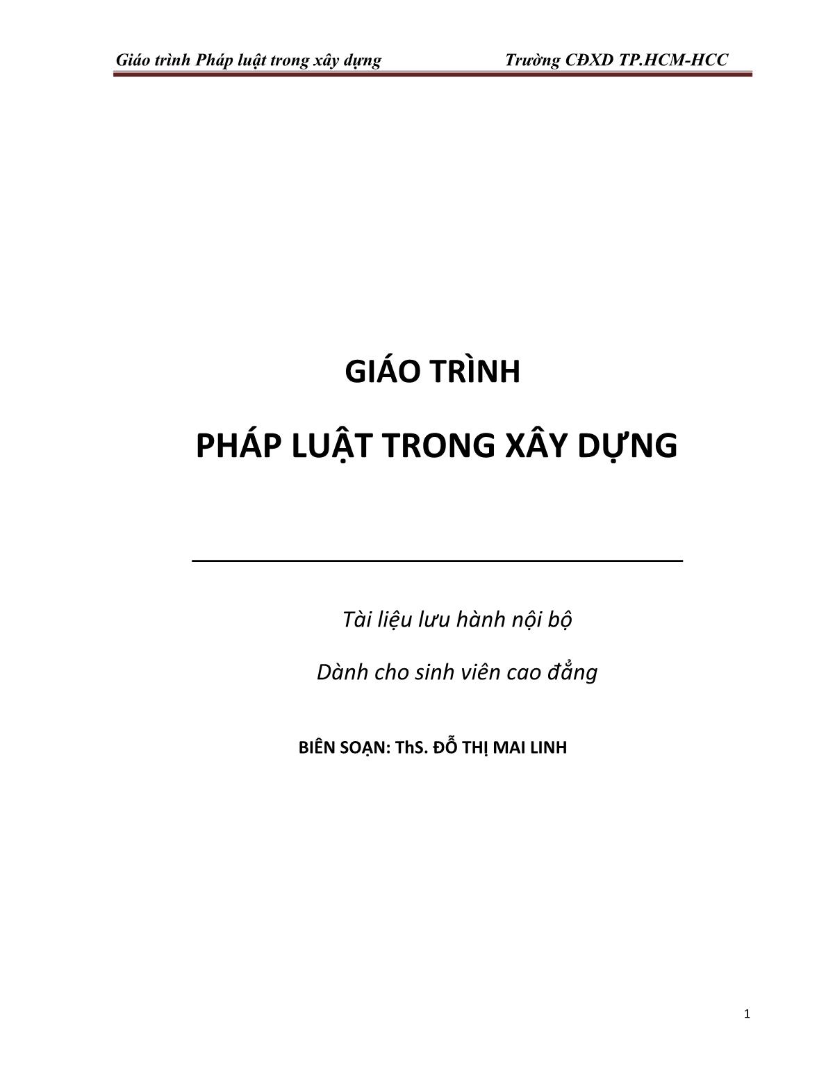 Giáo trình Pháp luật trong xây dựng - Trường Cao đẳng xây dựng TP Hồ Chí Minh trang 1