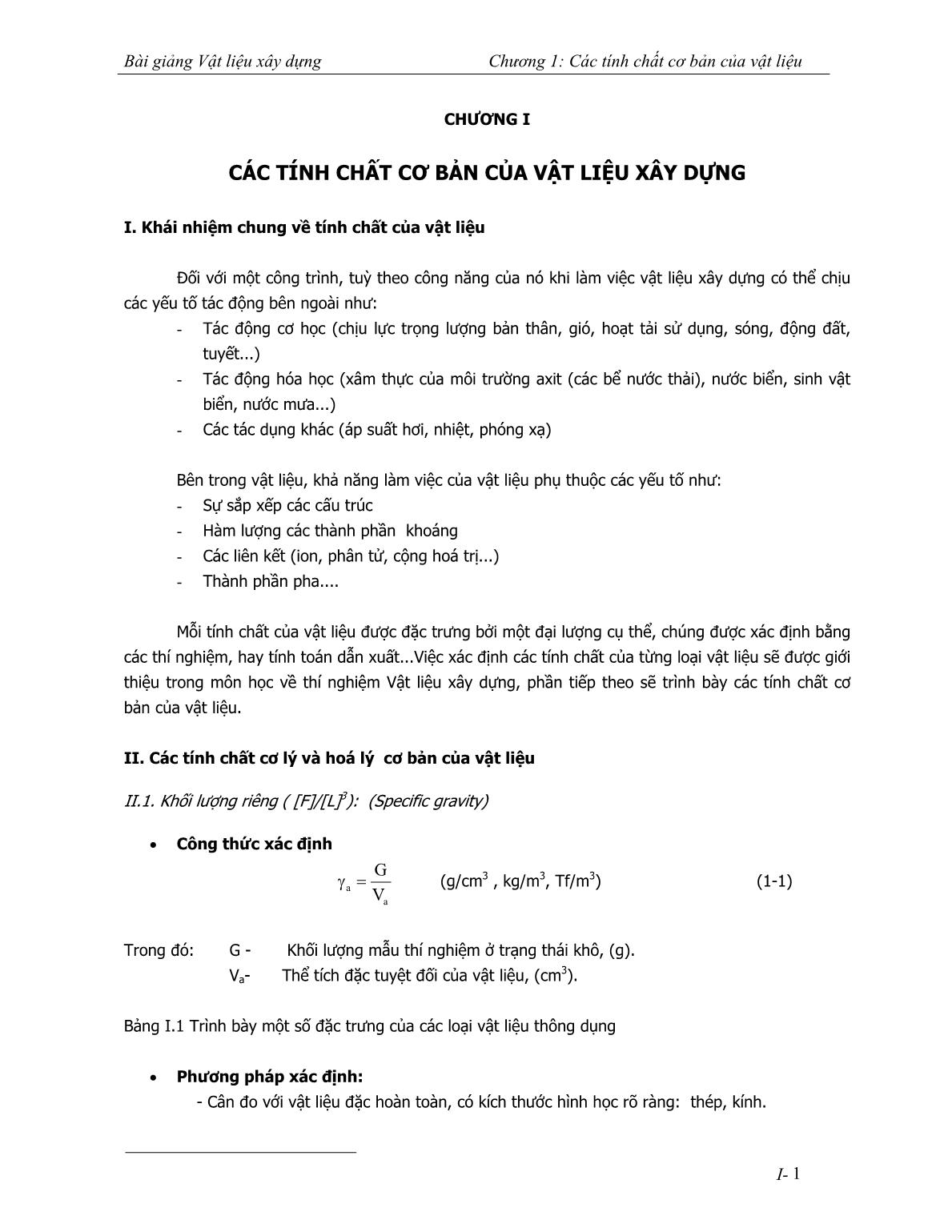 Bài giảng Vật liệu xây dựng - Chương 1: Các tính chất cơ bản của vật liệu trang 1