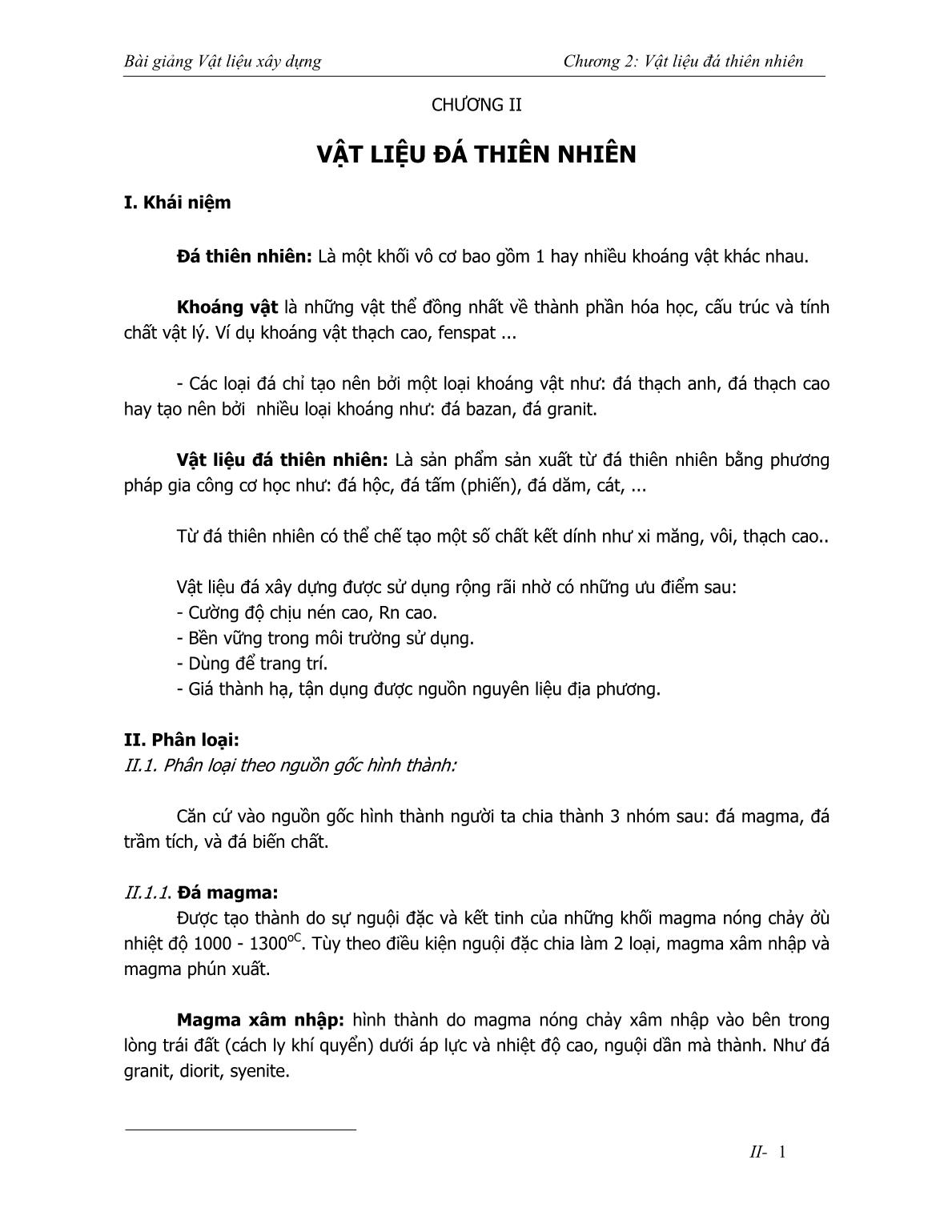 Bài giảng Vật liệu xây dựng - Chương 2: Vật liệu đá thiên nhiên trang 1