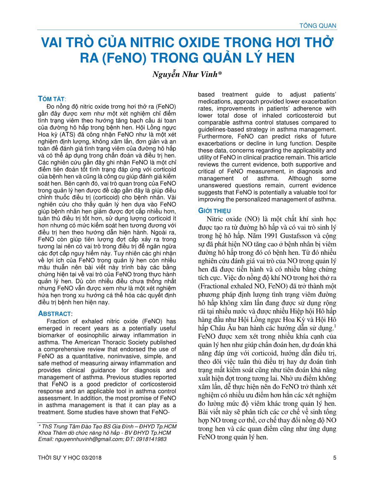 Vai trò của Nitric Oxide trong hơi thở ra (FeNO) trong quản lý hen trang 1