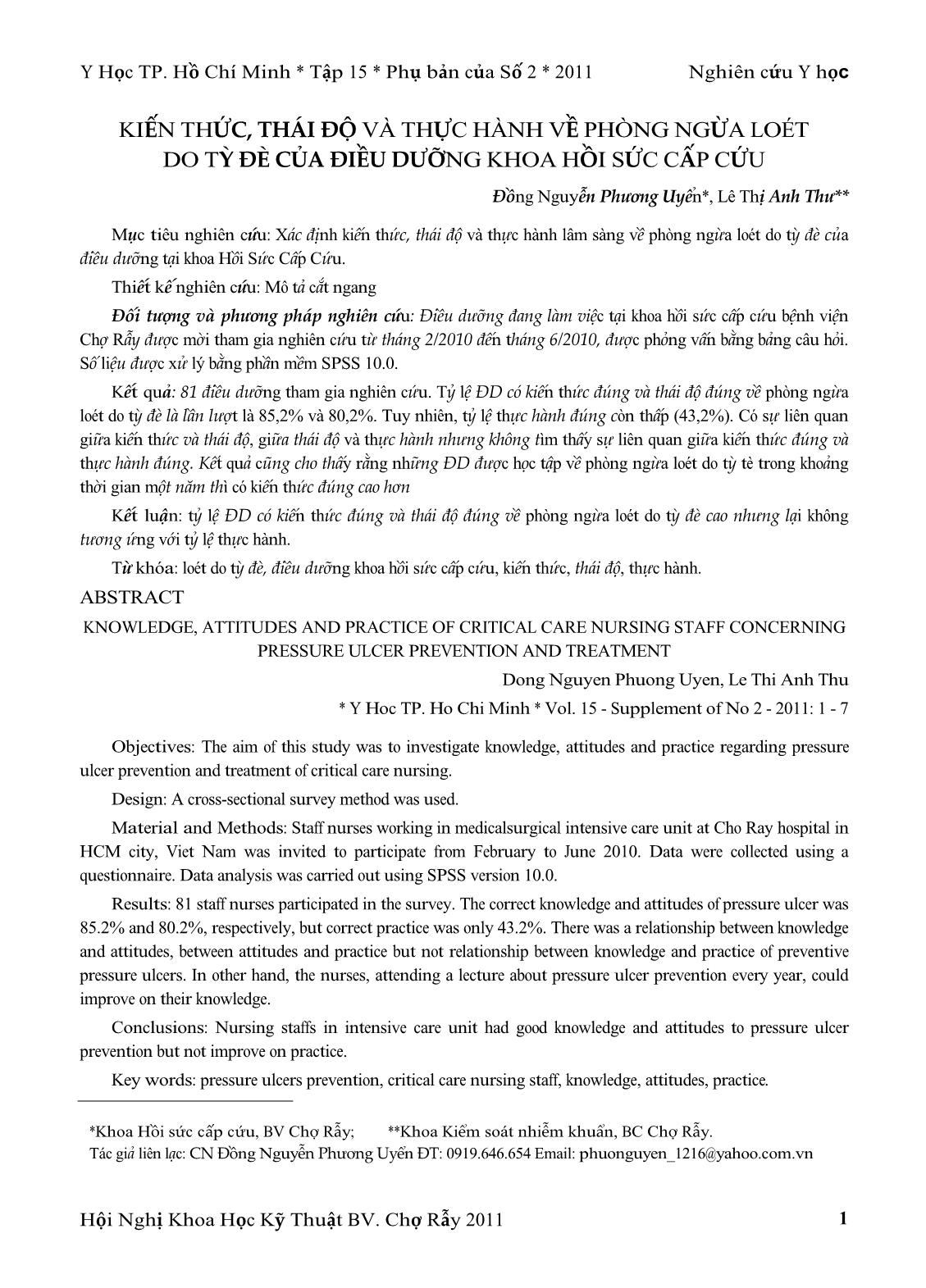 Kiến thức, thái độ và thực hành về phòng ngừa loét do tỳ đè của điều dưỡng khoa hồi sức cấp cứu trang 1