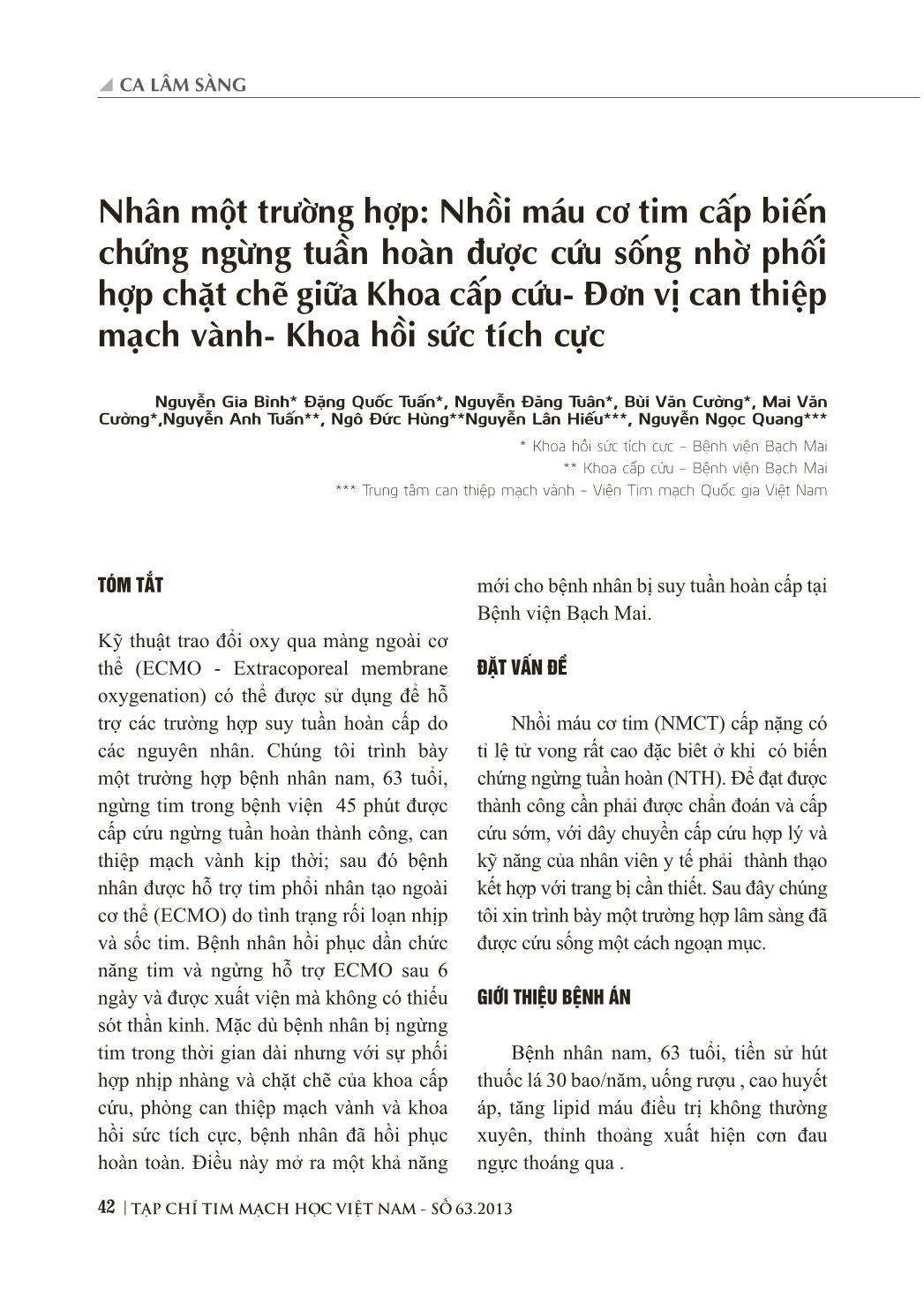 Nhân một trường hợp: Nhồi máu cơ tim cấp biến chứng ngừng tuần hoàn được cứu sống nhờ phối hợp chặt chẽ giữa Khoa cấp cứu- Đơn vị can thiệp mạch vành- Khoa hồi sức tích cực trang 1