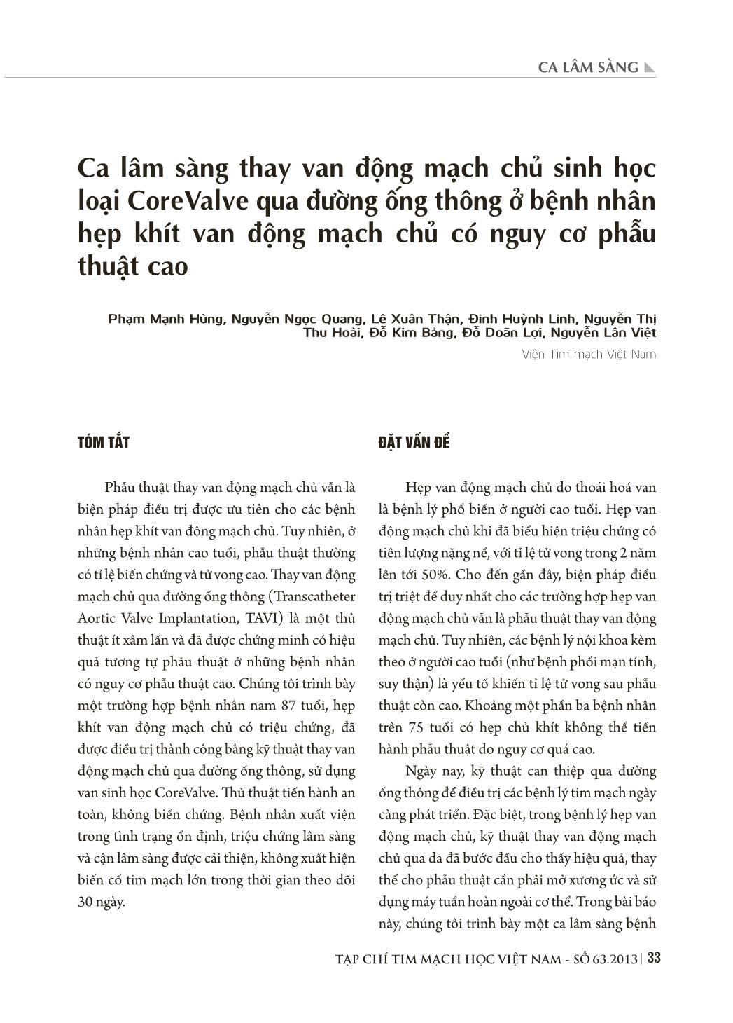 Ca lâm sàng thay van động mạch chủ sinh học loại CoreValve qua đường ống thông ở bệnh nhân hẹp khít van động mạch chủ có nguy cơ phẫu thuật cao trang 1