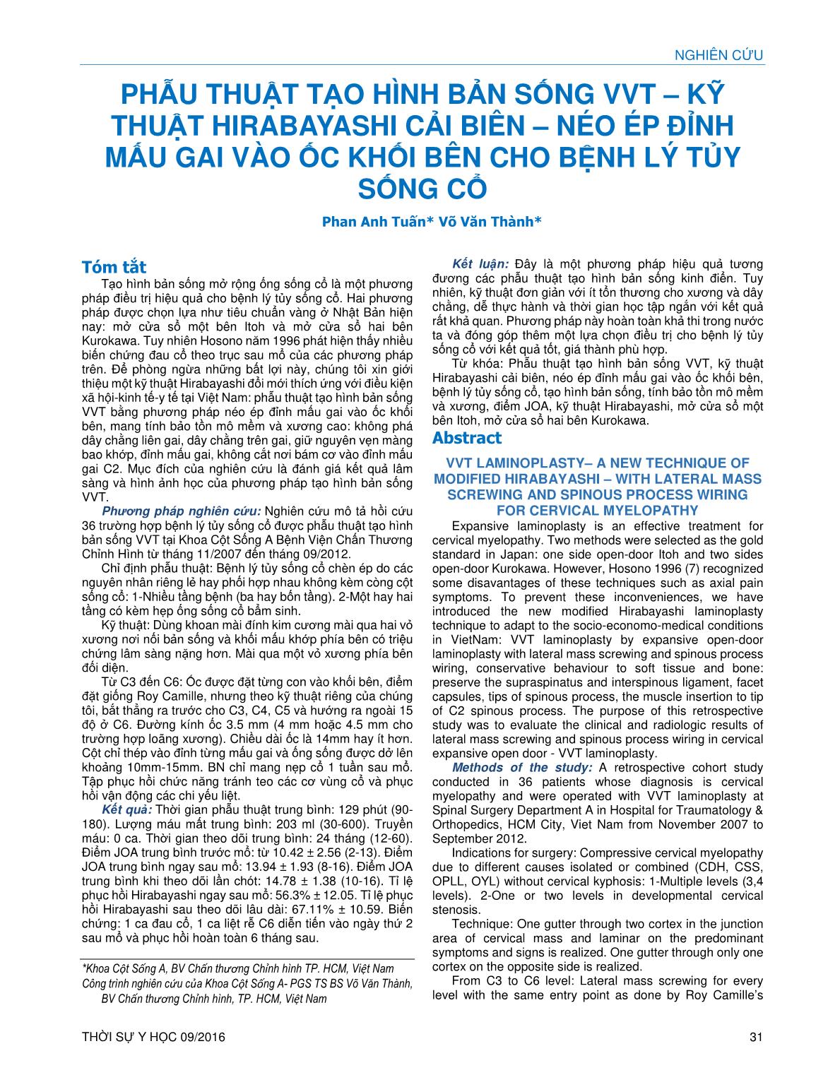 Phẫu thuật tạo hình bản sống VVT – kỹ thuật Hirabayashi cải biên – néo ép đỉnh mấu gai vào ốc khối bên cho bệnh lý tủy sống cổ trang 1