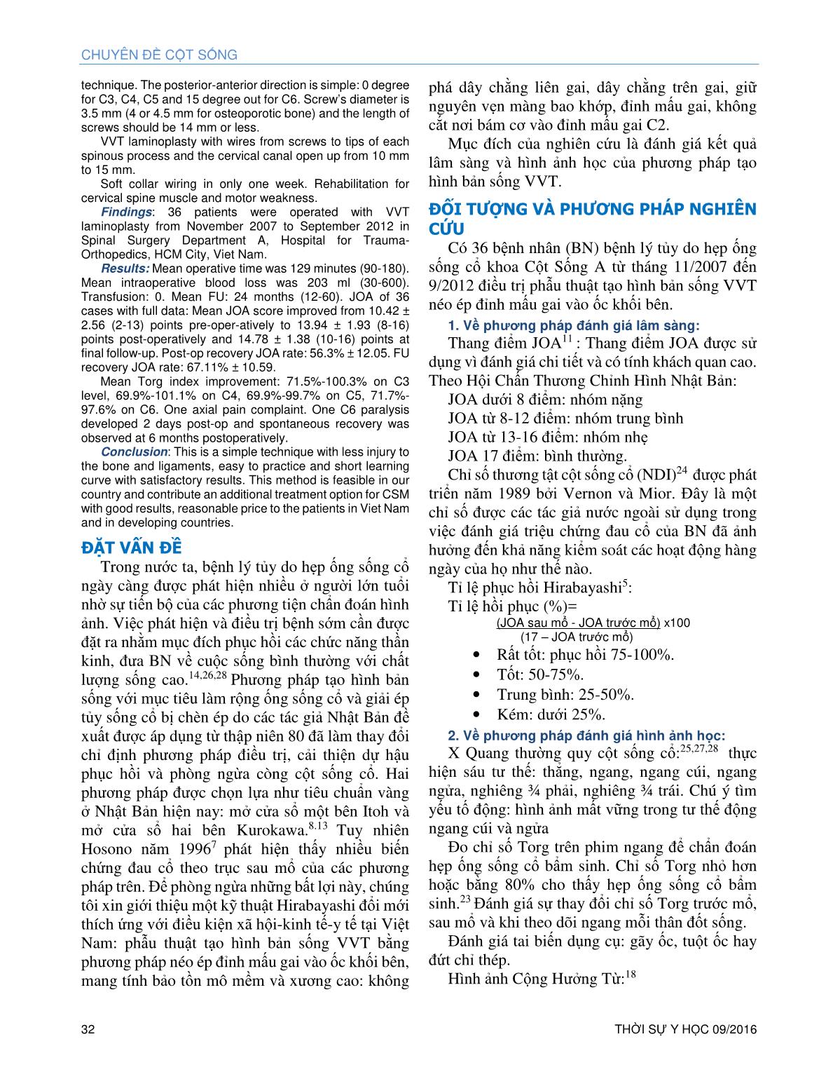 Phẫu thuật tạo hình bản sống VVT – kỹ thuật Hirabayashi cải biên – néo ép đỉnh mấu gai vào ốc khối bên cho bệnh lý tủy sống cổ trang 2