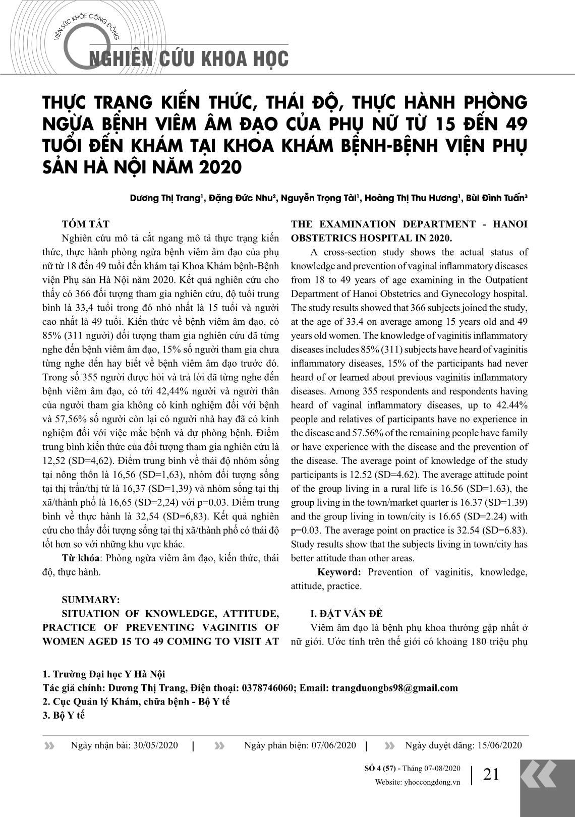 Thực trạng kiến thức, thái độ, thực hành phòng ngừa bệnh viêm âm đạo của phụ nữ từ 15 đến 49 tuổi đến khám tại khoa khám bệnh - Bệnh viện Phụ sản Hà Nội năm 2020 trang 1