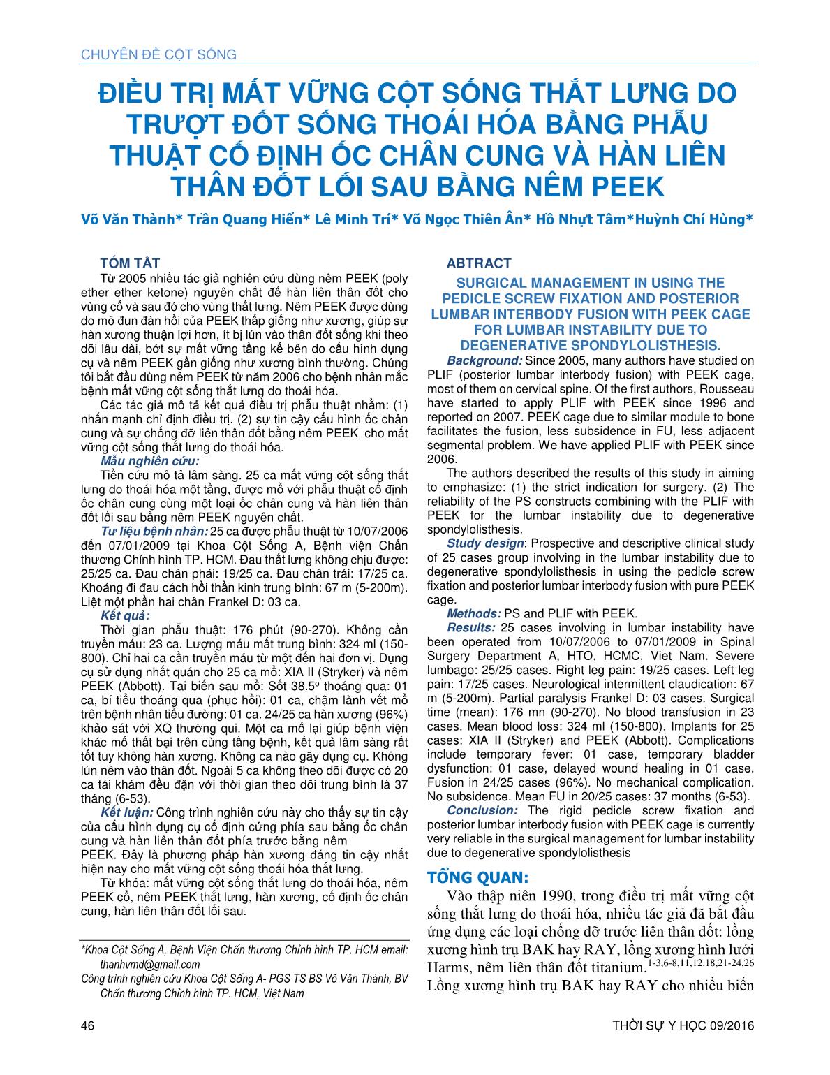 Điều trị mất vững cột sống thắt lưng do trượt đốt sống thoái hóa bằng phẫu thuật cố định ốc chân cung và hàn liên thân đốt lối sau bằng nêm peek trang 1