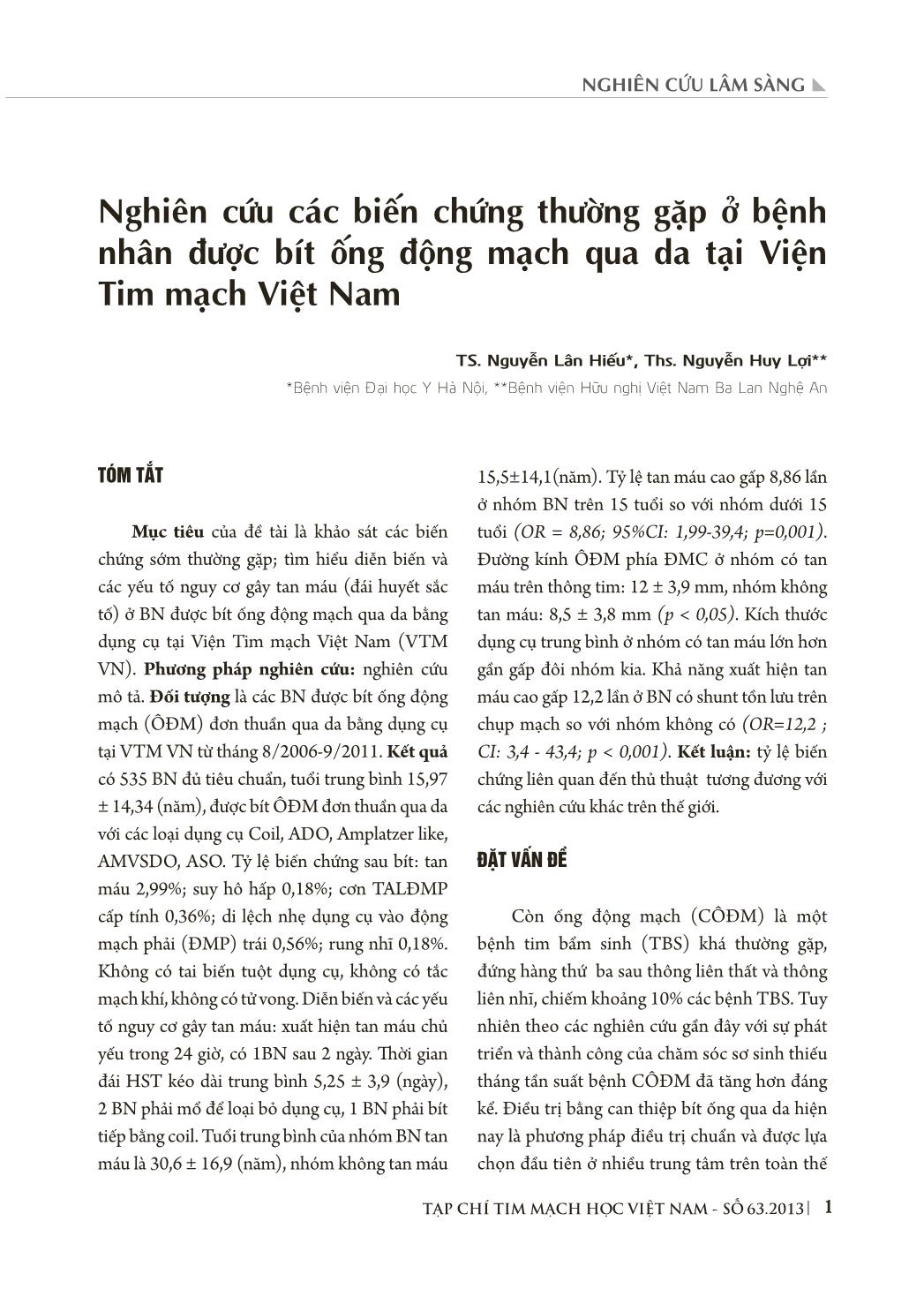 Nghiên cứu các biến chứng thường gặp ở bệnh nhân được bít ống động mạch qua da tại Viện Tim mạch Việt Nam trang 1