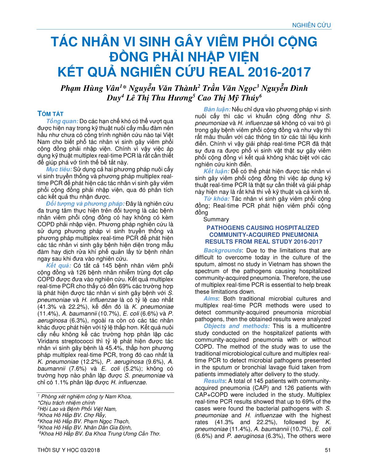 Tác nhân vi sinh gây viêm phổi cộng đồng phải nhập viện kết quả nghiên cứu Real 2016-2017 trang 1