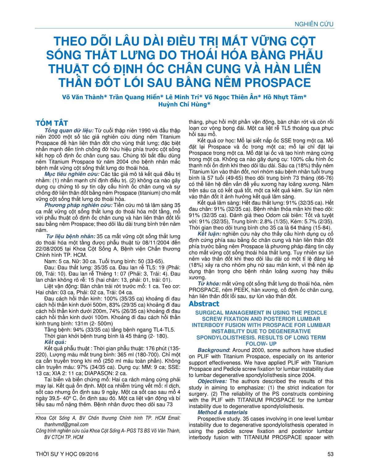 Theo dõi lâu dài điều trị mất vững cột sống thắt lưng do thoái hóa bằng phẫu thuật cố định ốc chân cung và hàn liên thân đốt lối sau bằng nêm Prospace trang 1