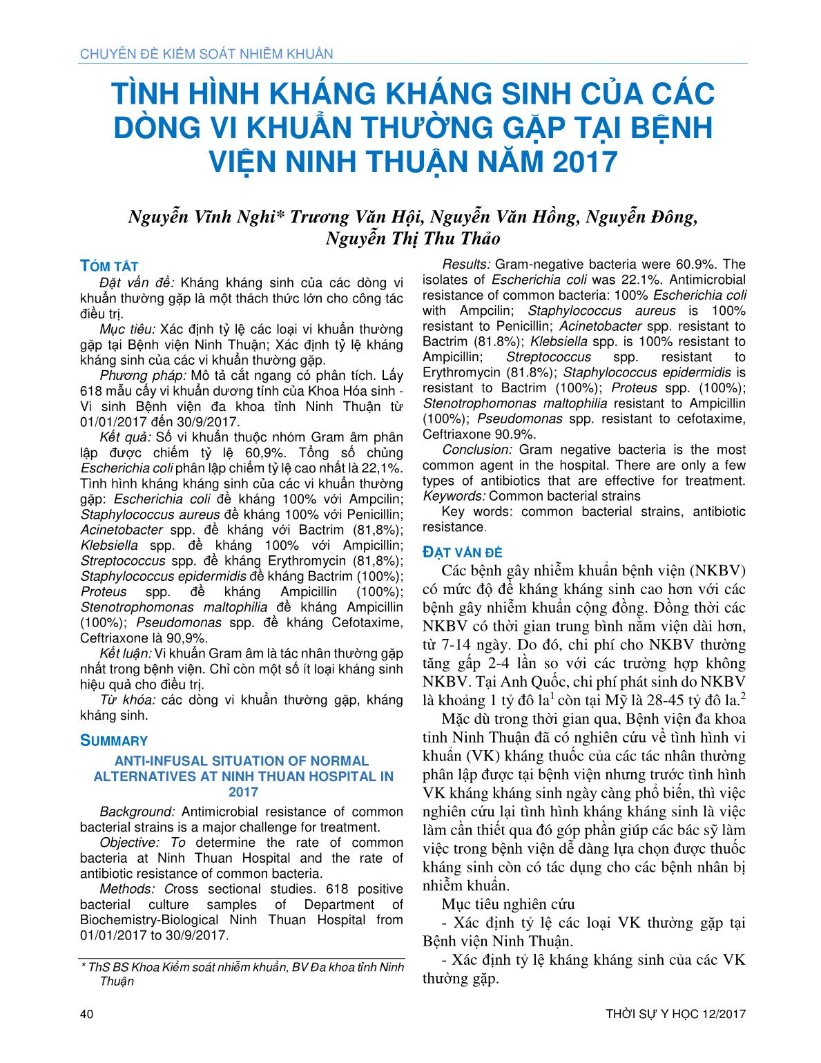 Tình hình kháng kháng sinh của các dòng vi khuẩn thường gặp tại Bệnh viện Ninh Thuận năm 2017 trang 1