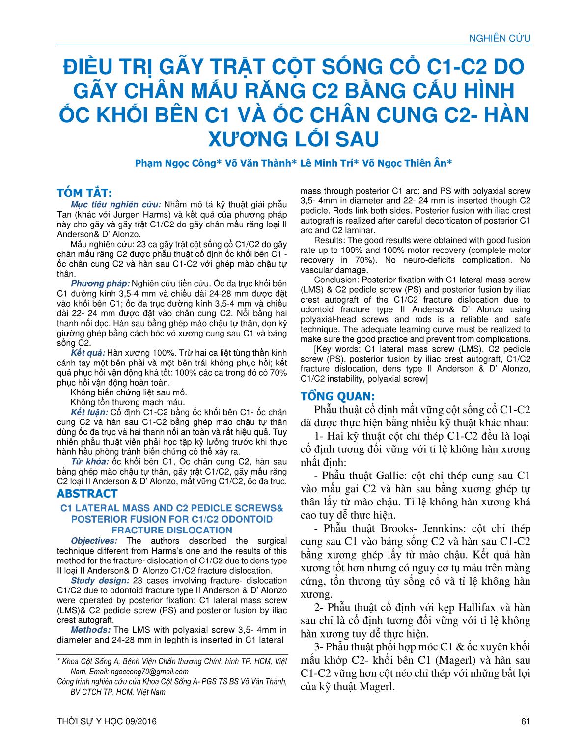 Điều trị gãy trật cột sống cổ C1-C2 do gãy chân mấu răng C2 bằng cấu hình ốc khối bên C1 và ốc chân cung C2- Hàn xương lối sau trang 1