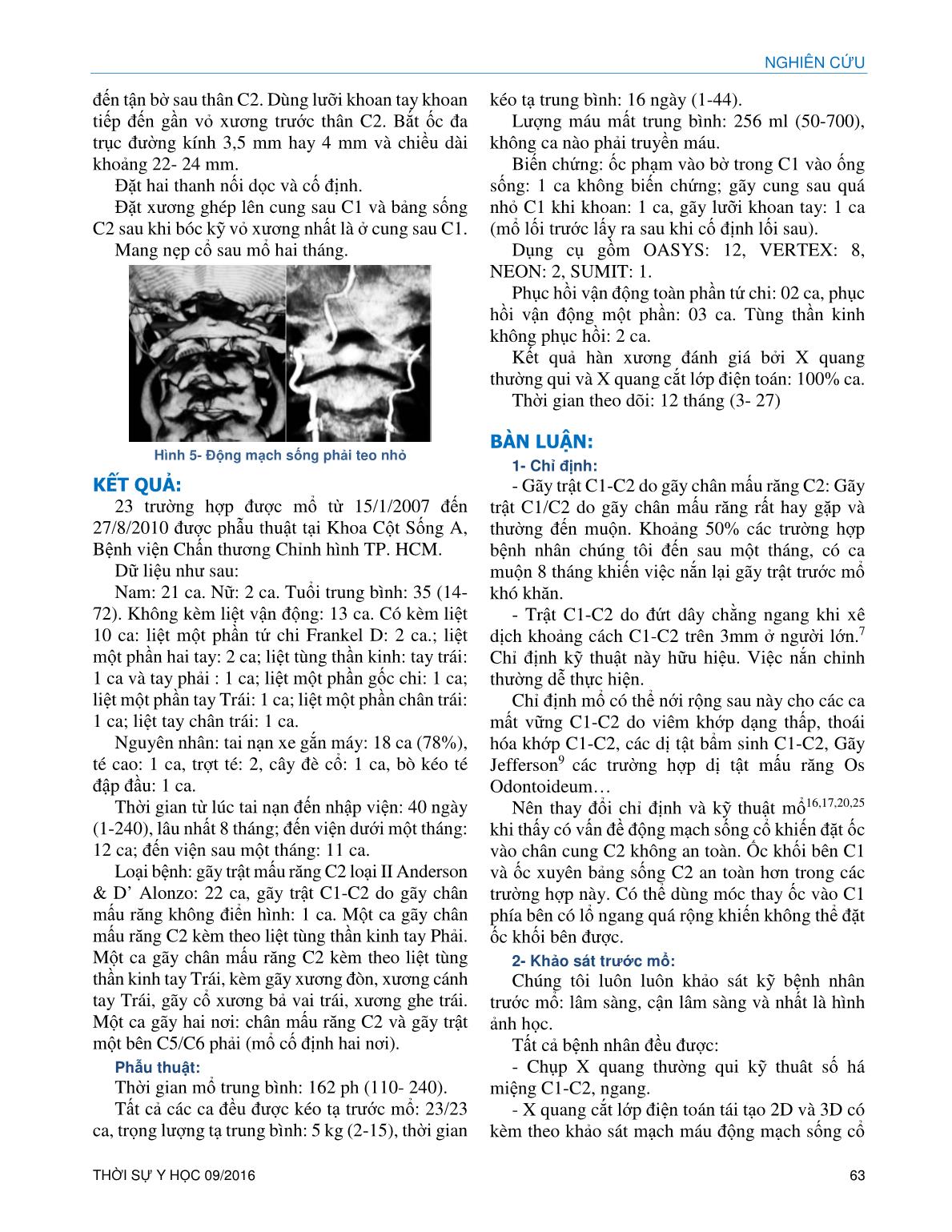 Điều trị gãy trật cột sống cổ C1-C2 do gãy chân mấu răng C2 bằng cấu hình ốc khối bên C1 và ốc chân cung C2- Hàn xương lối sau trang 3