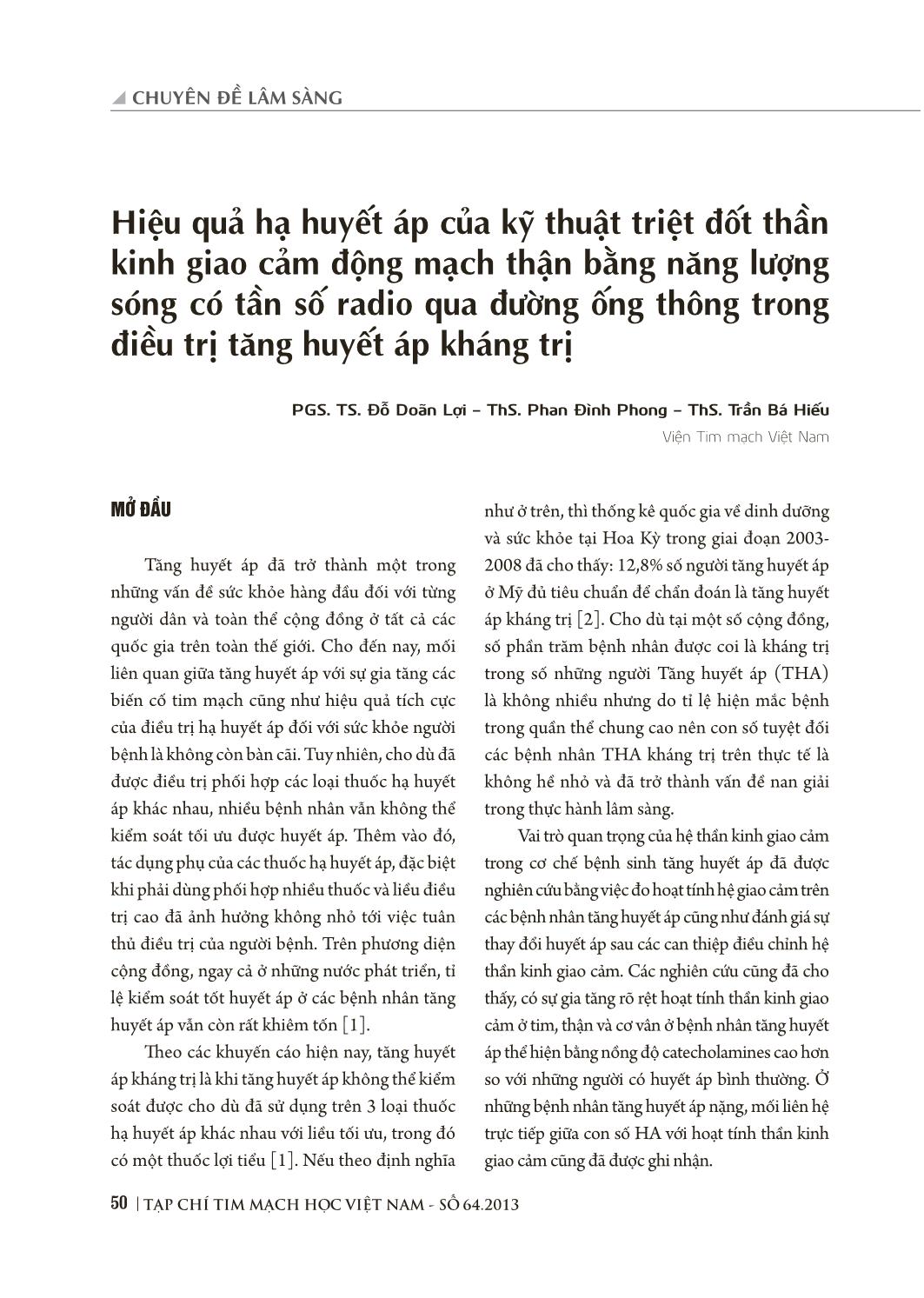 Hiệu quả hạ huyết áp của kỹ thuật triệt đốt thần kinh giao cảm động mạch thận bằng năng lượng sóng có tần số radio qua đường ống thông trong điều trị tăng huyết áp kháng trị trang 1