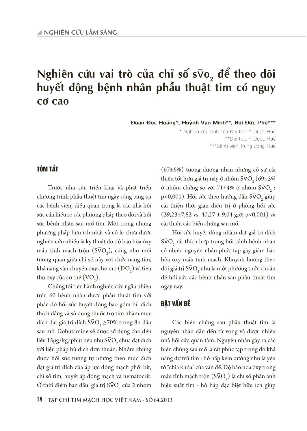 Nghiên cứu vai trò của chỉ số sVo2 để theo dõi huyết động bệnh nhân phẫu thuật tim có nguy cơ cao trang 1