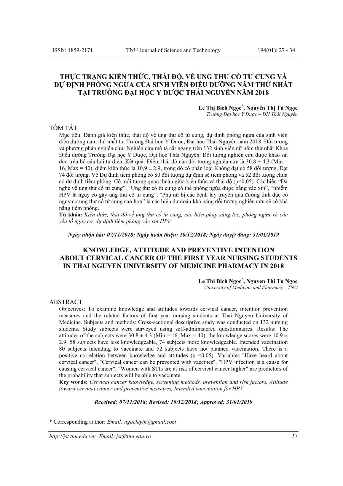 Thực trạng kiến thức, thái độ, về ung thư cổ tử cung và dự định phòng ngừa của sinh viên điều dưỡng năm thứ nhất tại Trường Đại học Y dược Thái Nguyên năm 2018 trang 1