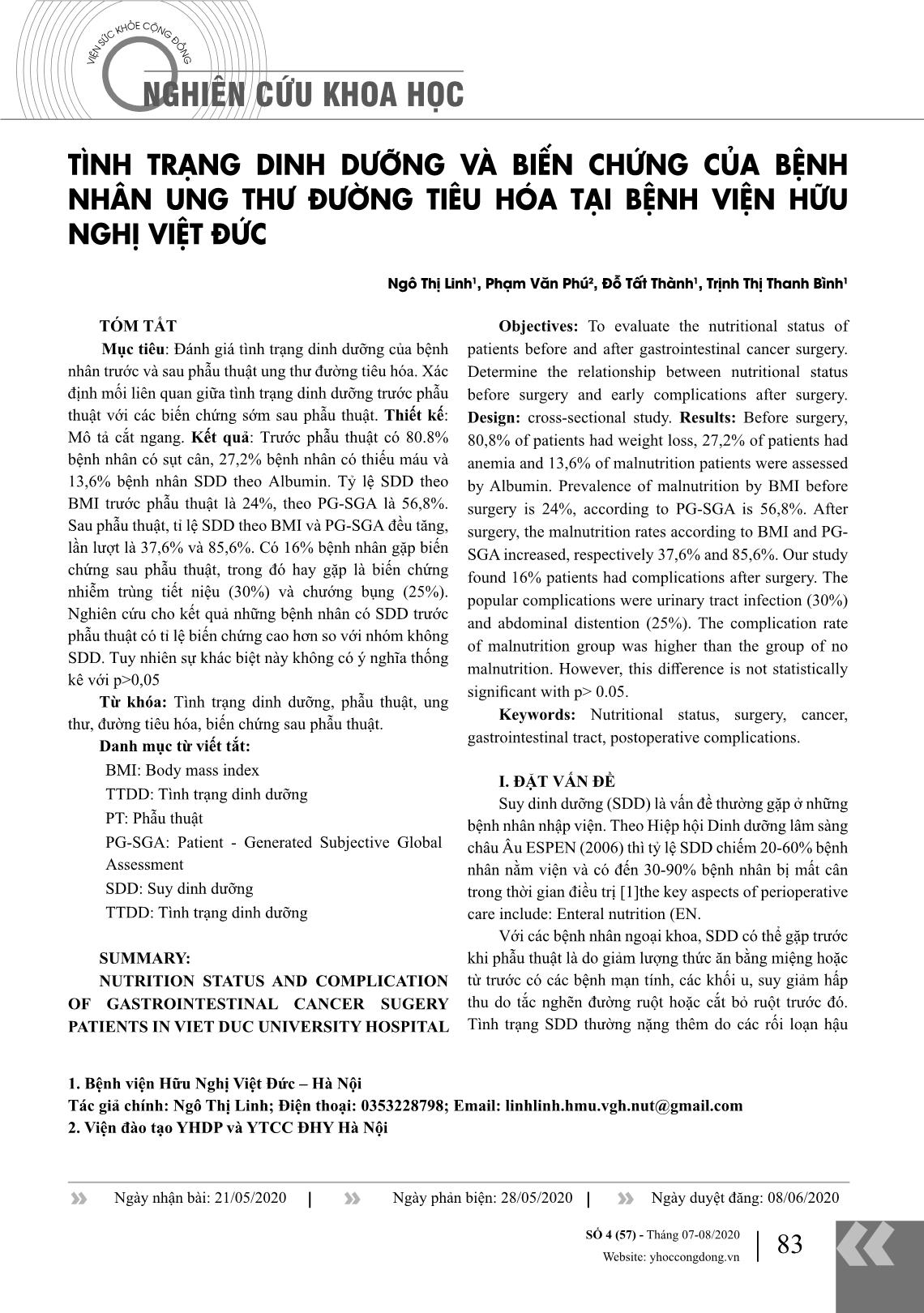 Tình trạng dinh dưỡng và biến chứng của bệnh nhân ung thư đường tiêu hóa tại Bệnh viện Hữu nghị Việt Đức trang 1