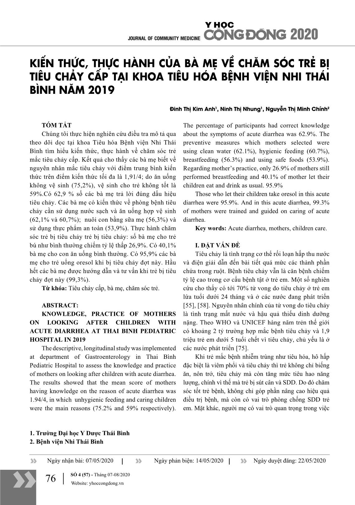 Kiến thức, thực hành của bà mẹ về chăm sóc trẻ bị tiêu chảy cấp tại khoa tiêu hóa Bệnh viện Nhi Thái Bình năm 2019 trang 1