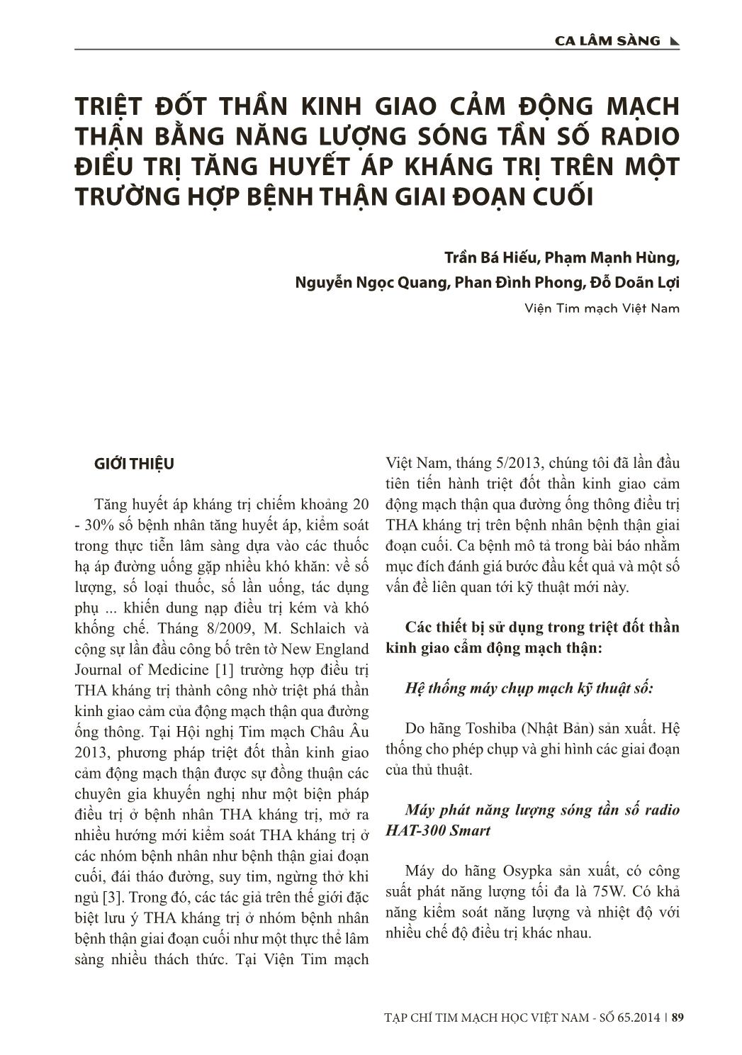 Triệt đốt thần kinh giao cảm động mạch thận bằng năng lượng sóng tần số radio điều trị tăng huyết áp kháng trị trên một trường hợp bệnh thận giai đoạn cuối trang 1