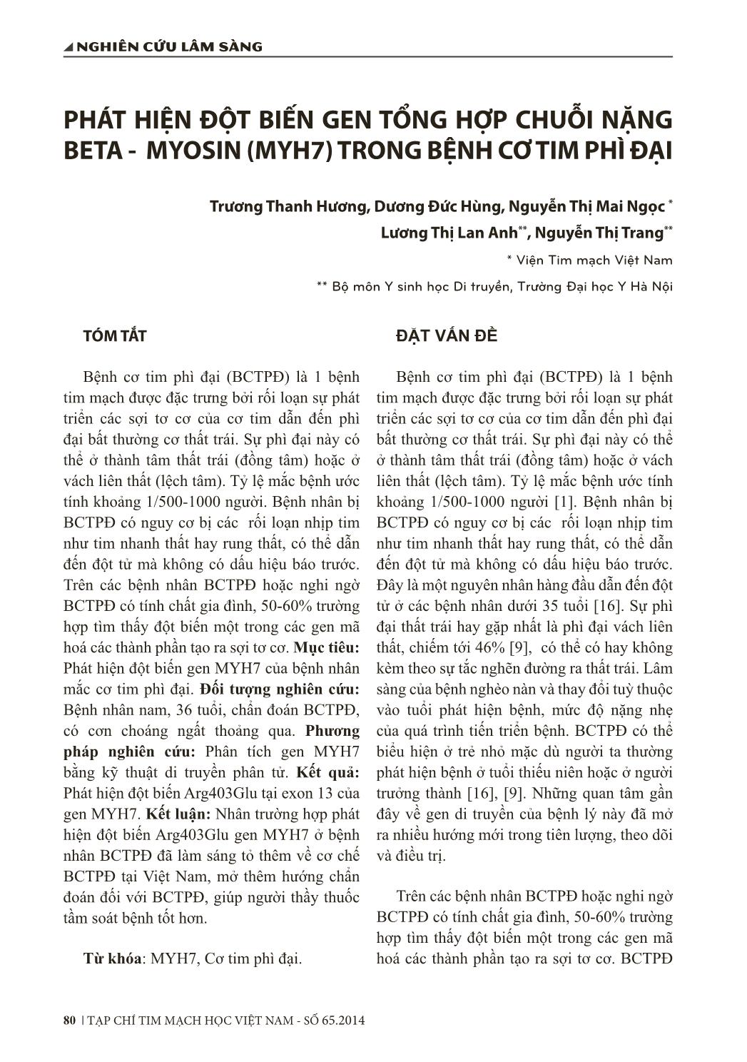 Phát hiện đột biến gen tổng hợp chuỗi nặng Beta - Myosin (MYH7) trong bệnh cơ tim phì đại trang 1