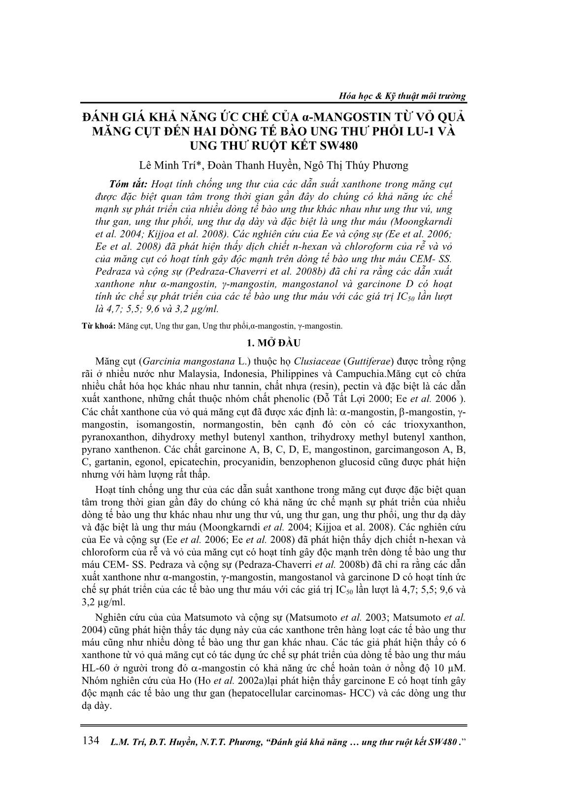 Đánh giá khả năng ức chế của α-MANGOSTIN từ vỏ quả măng cụt đến hai dòng tế bào ung thư phổi LU-1 và ung thư ruột kết SW480 trang 1
