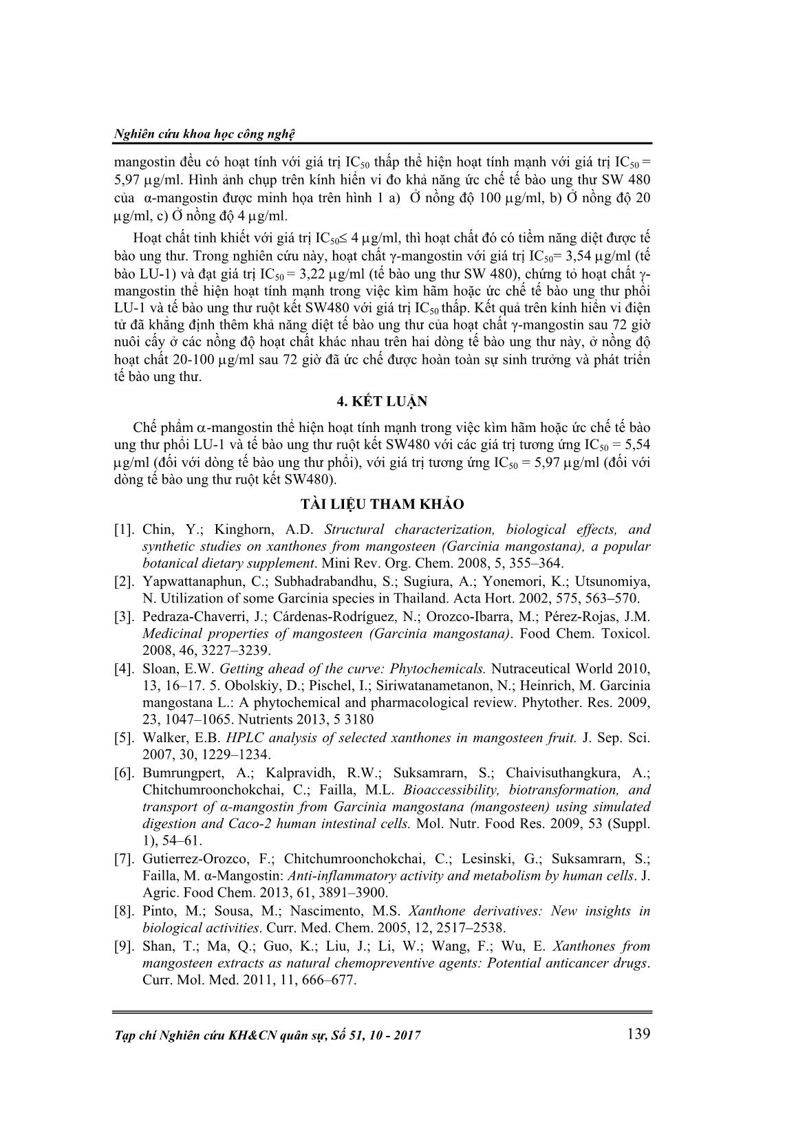 Đánh giá khả năng ức chế của α-MANGOSTIN từ vỏ quả măng cụt đến hai dòng tế bào ung thư phổi LU-1 và ung thư ruột kết SW480 trang 6