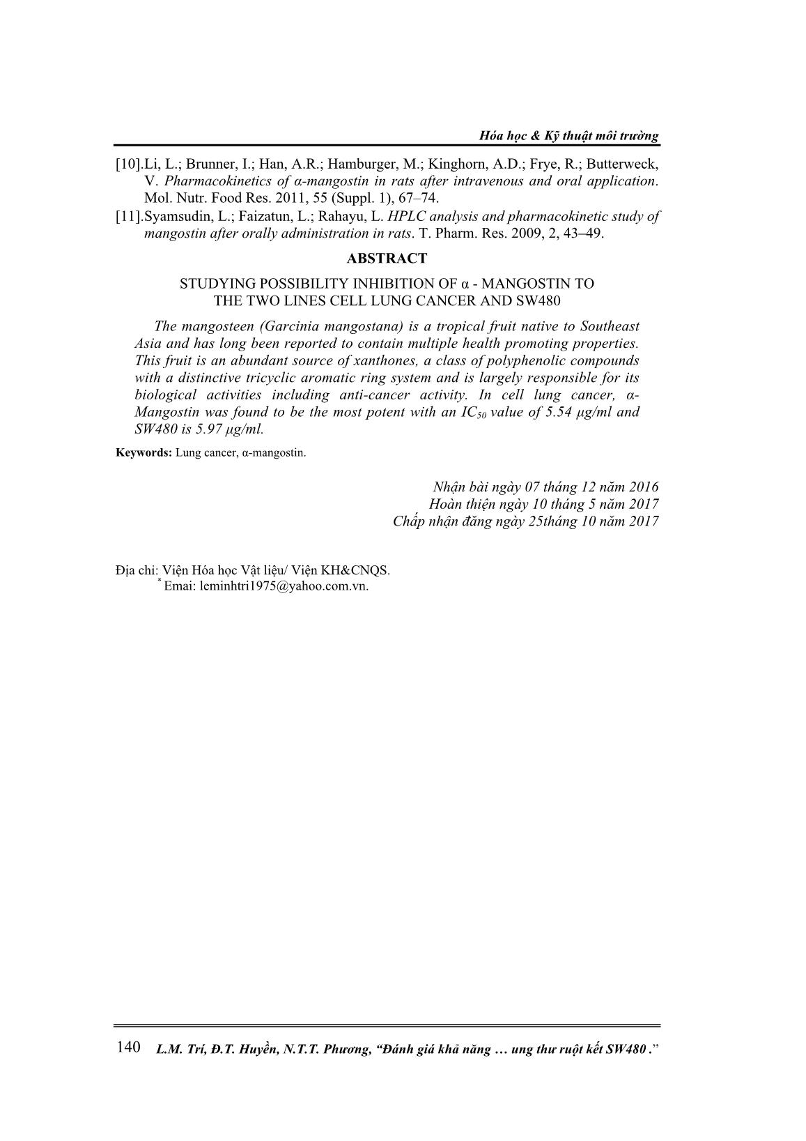 Đánh giá khả năng ức chế của α-MANGOSTIN từ vỏ quả măng cụt đến hai dòng tế bào ung thư phổi LU-1 và ung thư ruột kết SW480 trang 7