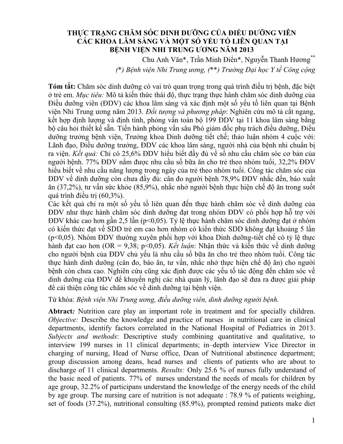 Thực trạng chăm sóc dinh dưỡng của điều dưỡng viên các khoa lâm sàng và một số yếu tố liên quan tại Bệnh viện Nhi trung ương năm 2013 trang 1