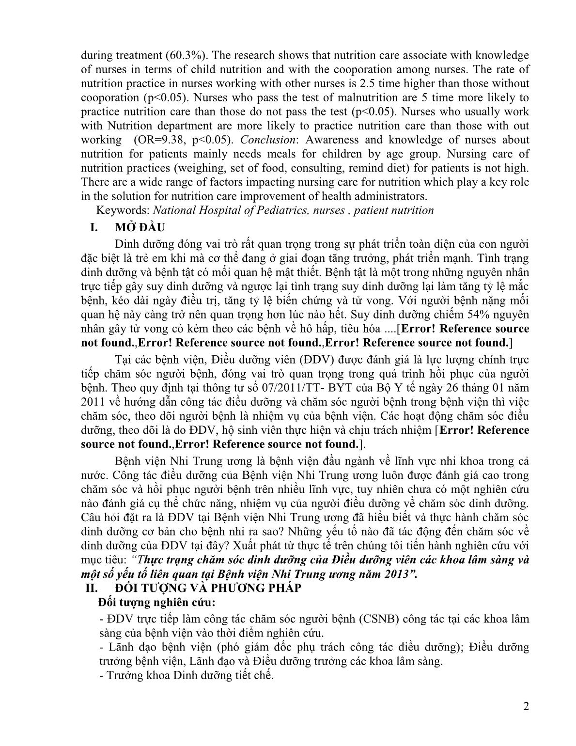 Thực trạng chăm sóc dinh dưỡng của điều dưỡng viên các khoa lâm sàng và một số yếu tố liên quan tại Bệnh viện Nhi trung ương năm 2013 trang 2