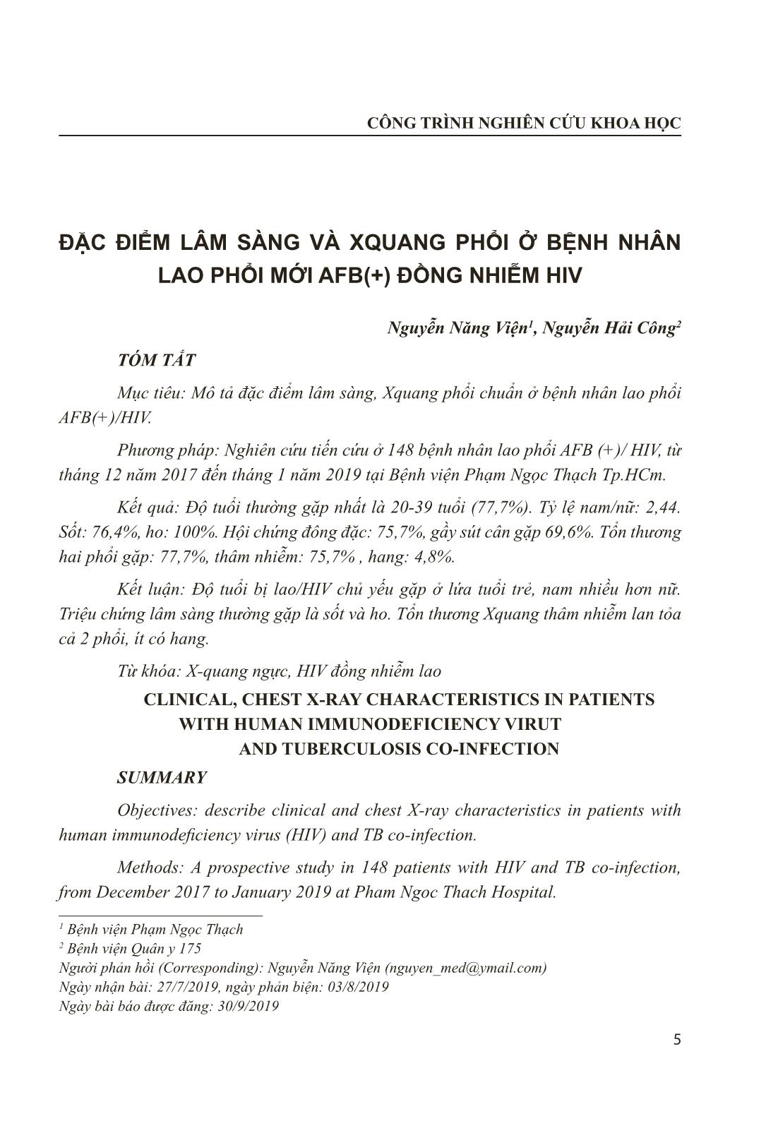 Đặc điểm lâm sàng và xquang phổi ở bệnh nhân lao phổi mới AFB(+) đồng nhiễm HIV trang 1